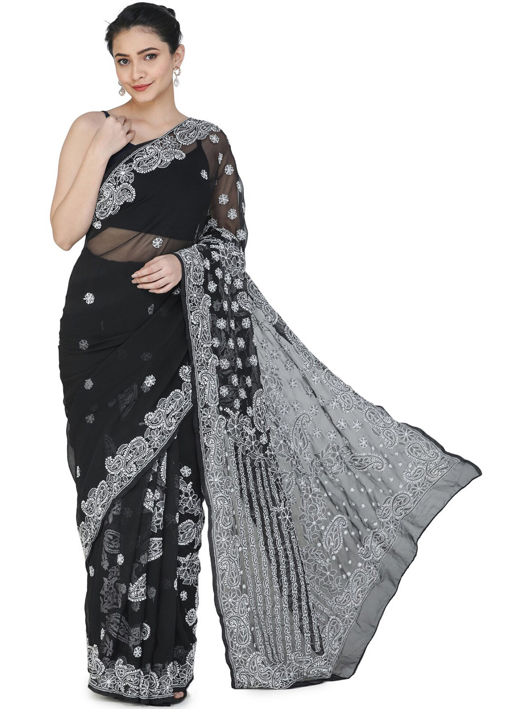 Exotic India Black Onyx Chikan Embroidered Paisleys and Flowers Georgette Saree