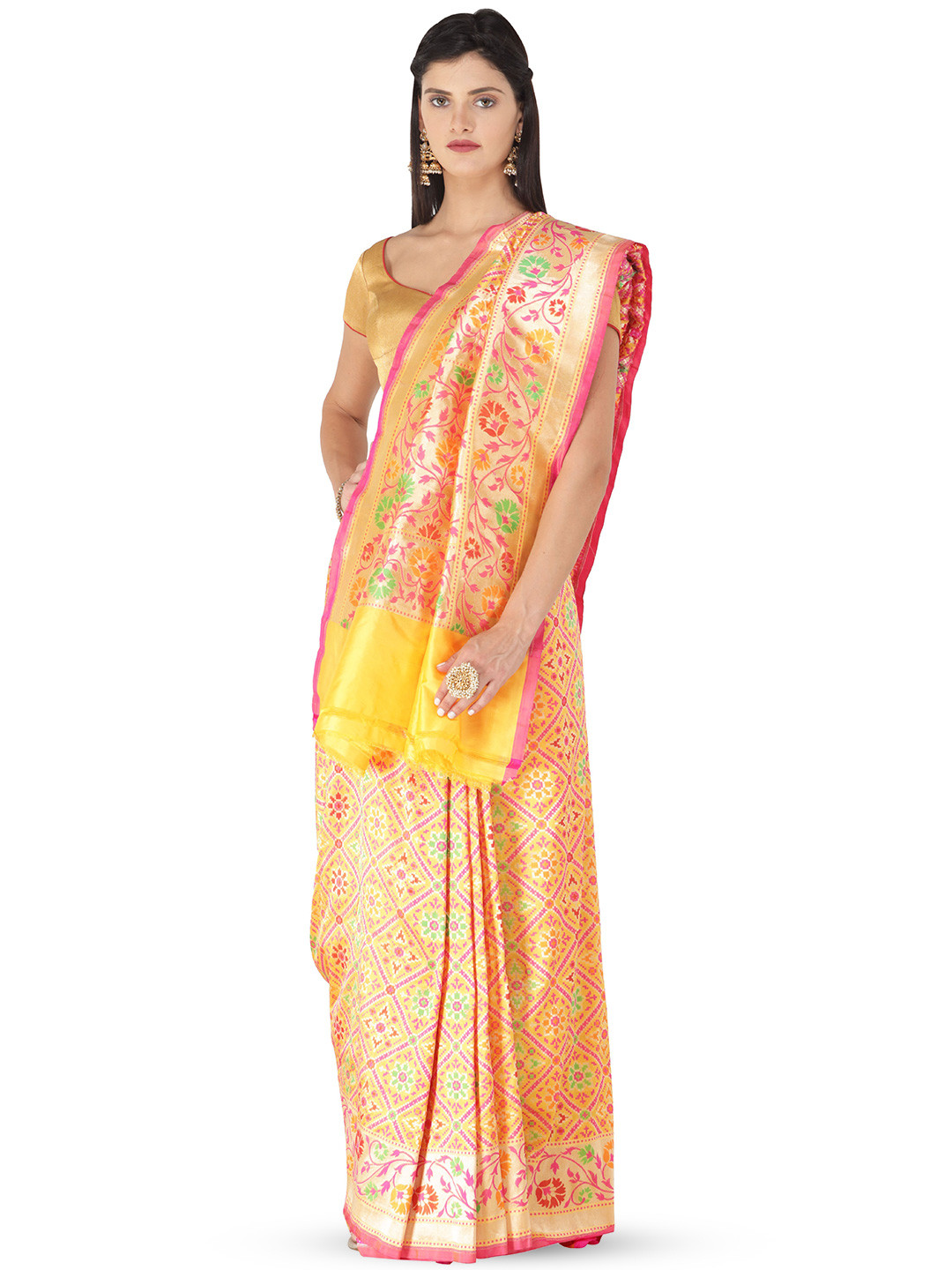 Exotic India Amber Yellow Banarasi Saree with Brocaded Woven Geometric Motif