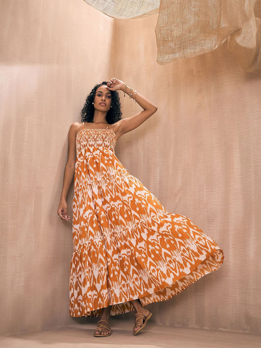 Pink Paprika by SASSAFRAS Ikat Printed Shoulder Straps Cotton Tiered Maxi Dress