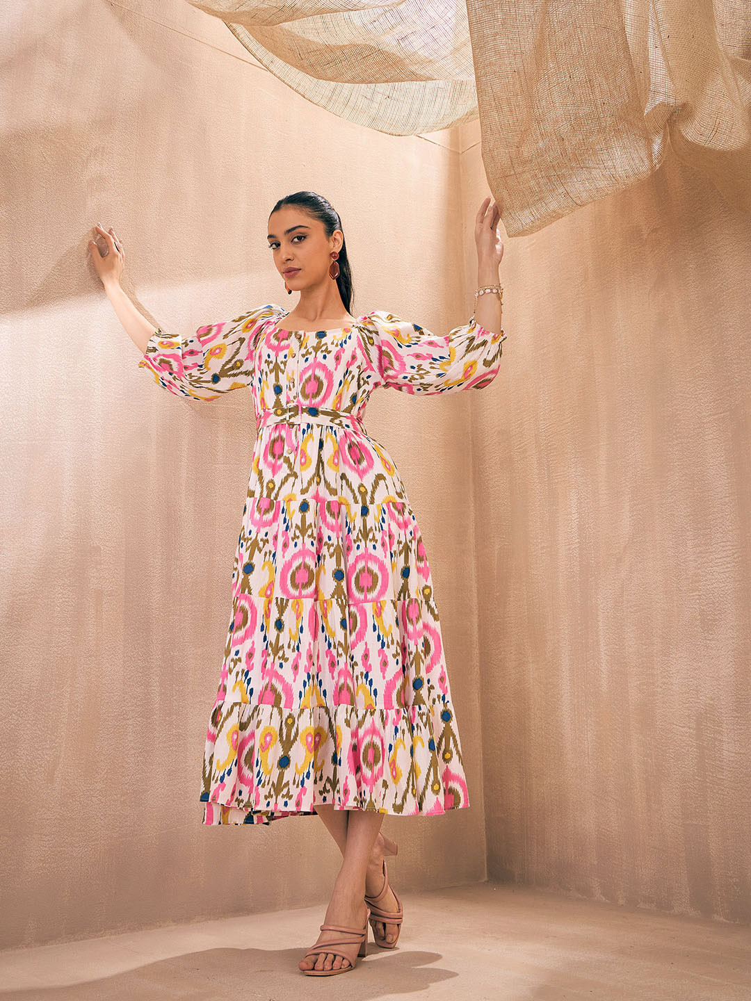 Pink Paprika by SASSAFRAS Square Neck Ikat Printed Fit & Flare Midi Dress