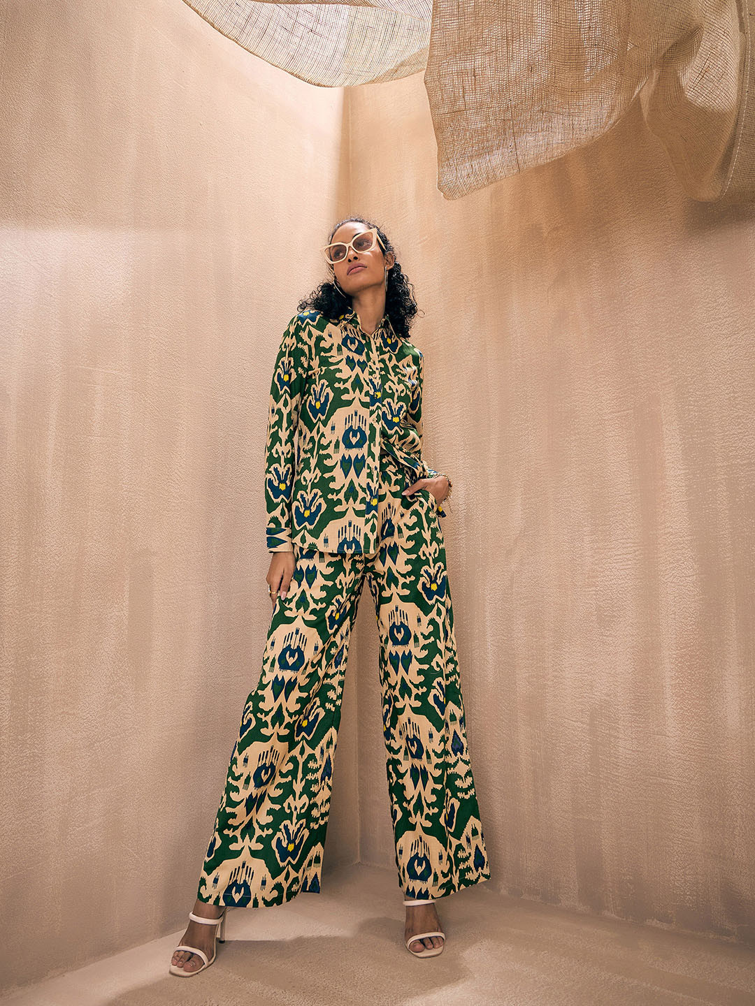 Pink Paprika by SASSAFRAS Green Ikat Printed Pure Cotton Shirt With Trouser Co-Ords