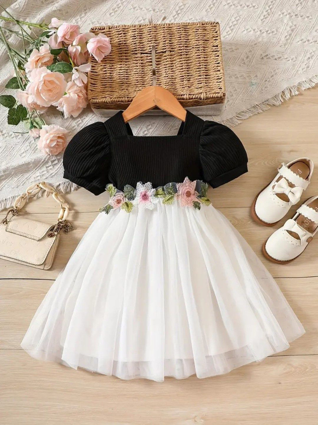BAESD Girls Floral Flutter Sleeve Net Fit & Flare Dress