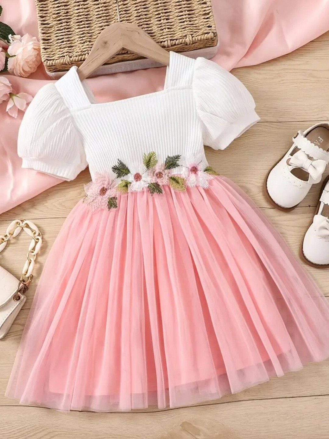 BAESD Flutter Sleeve Net Puff Sleeves Fit & Flare Dress