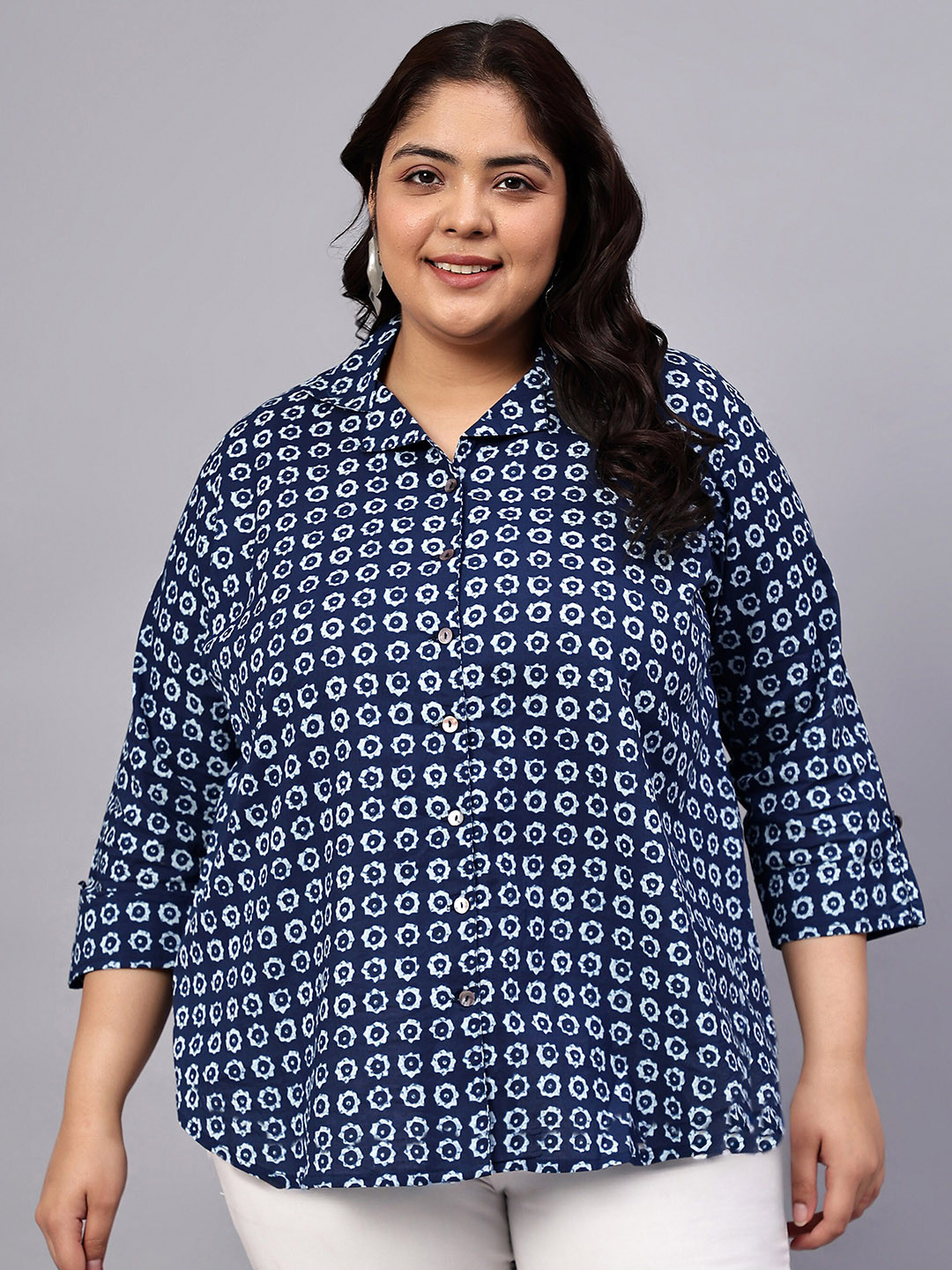 Indietoga Plus Size Classic Floral Printed Cotton Casual Longline Shirt