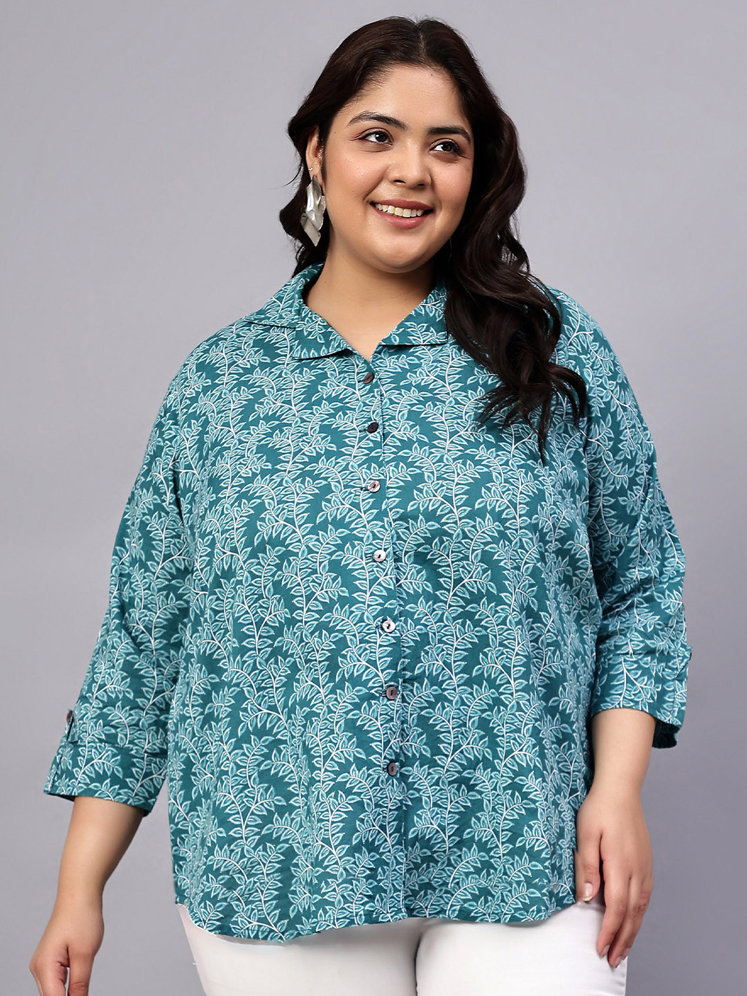 Indietoga Plus Size Classic Rayon Leaf Printed Cotton Casual Longline Shirt