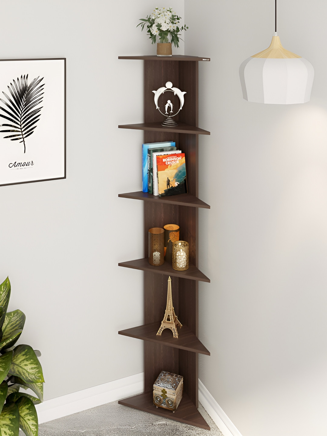 bluewud Brown Wooden Corner Wall Shelf