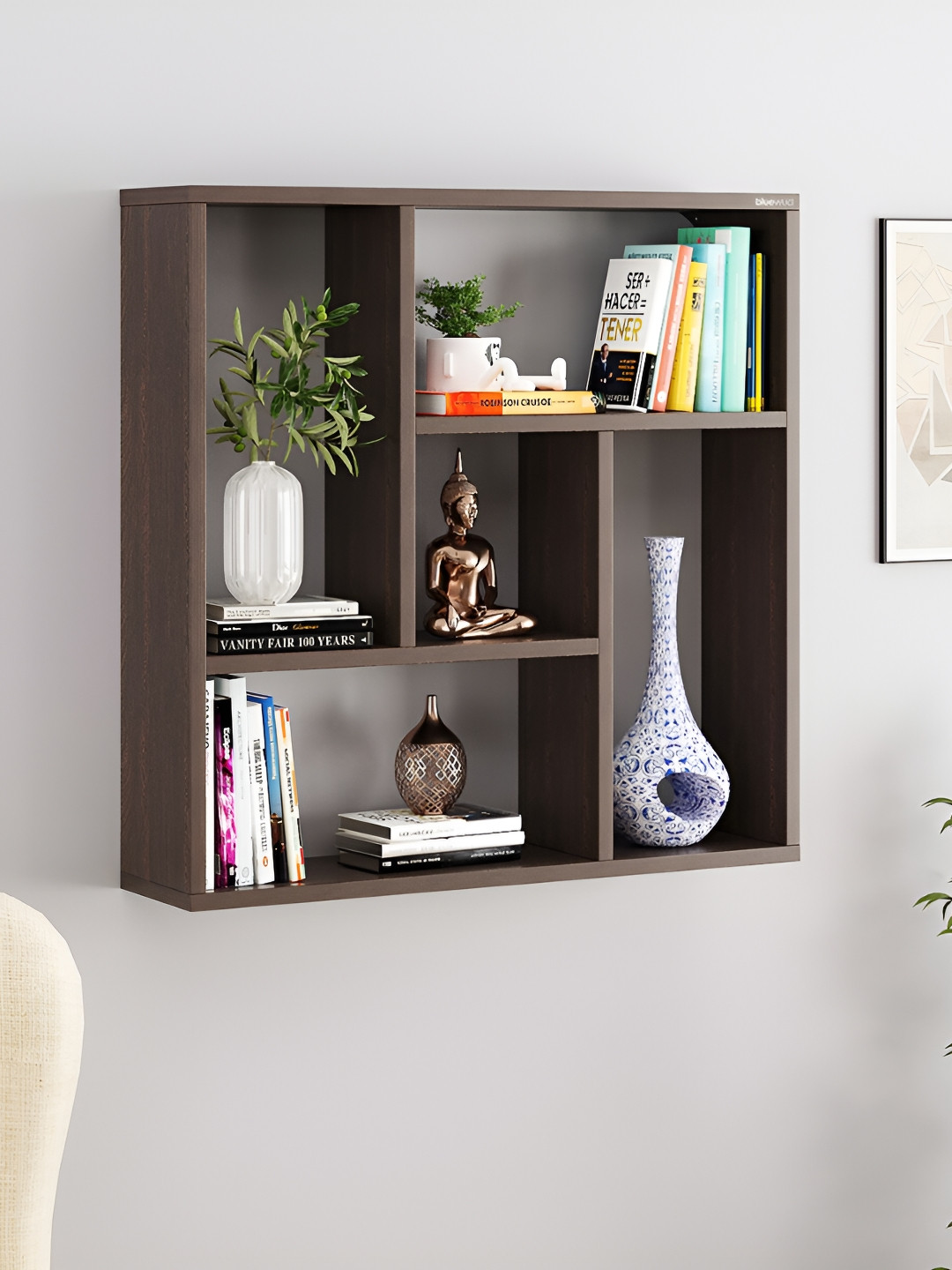 bluewud Javis Brown Wooden Basic Wall Shelf