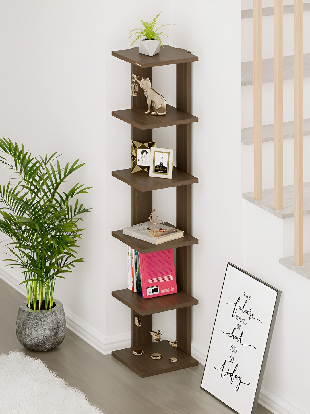 bluewud Braine Brown Wooden Corner Wall Shelf