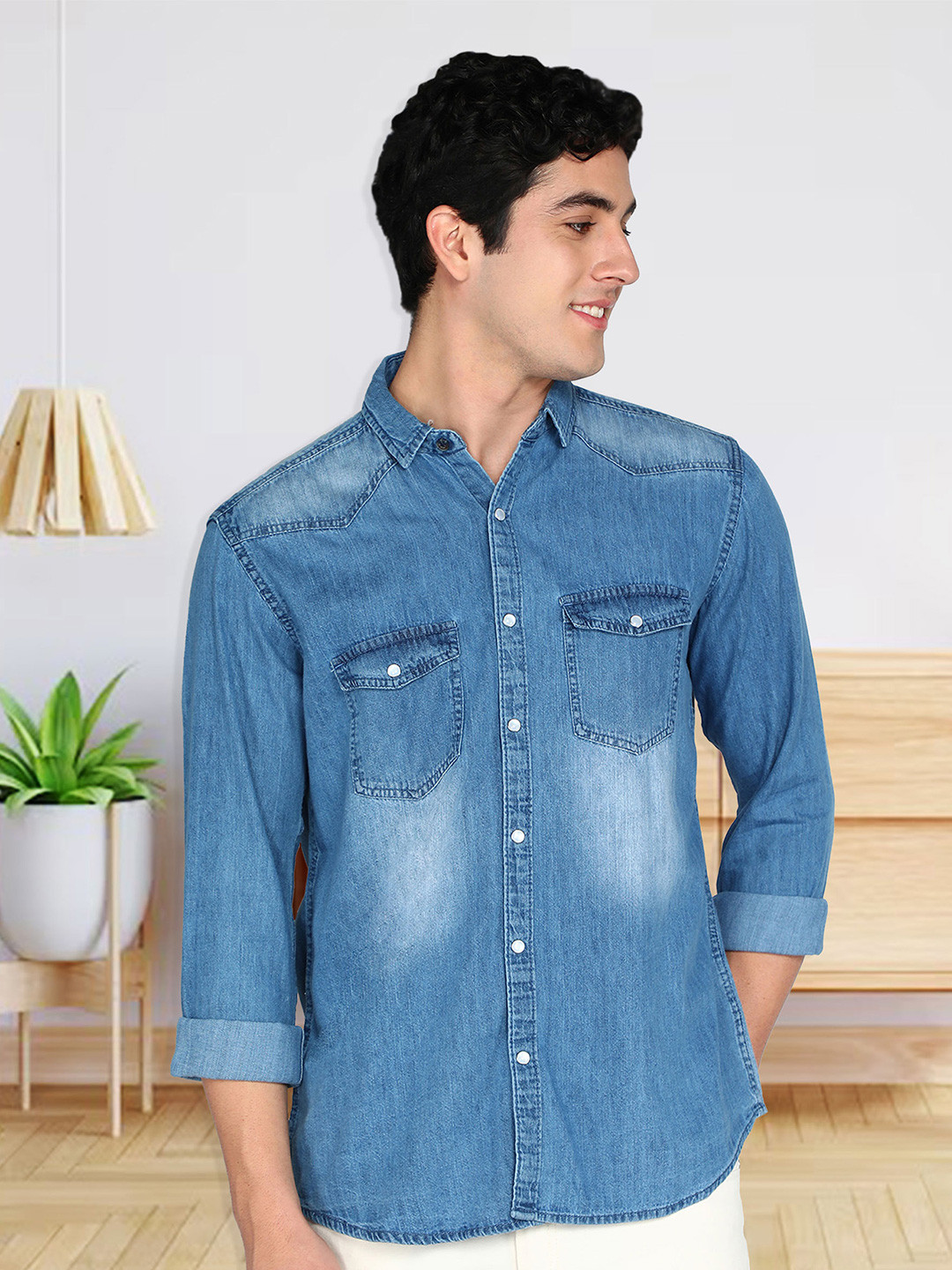 Kuons Avenue Smart Faded Spread Collar Long Sleeves Denim Casual Shirt