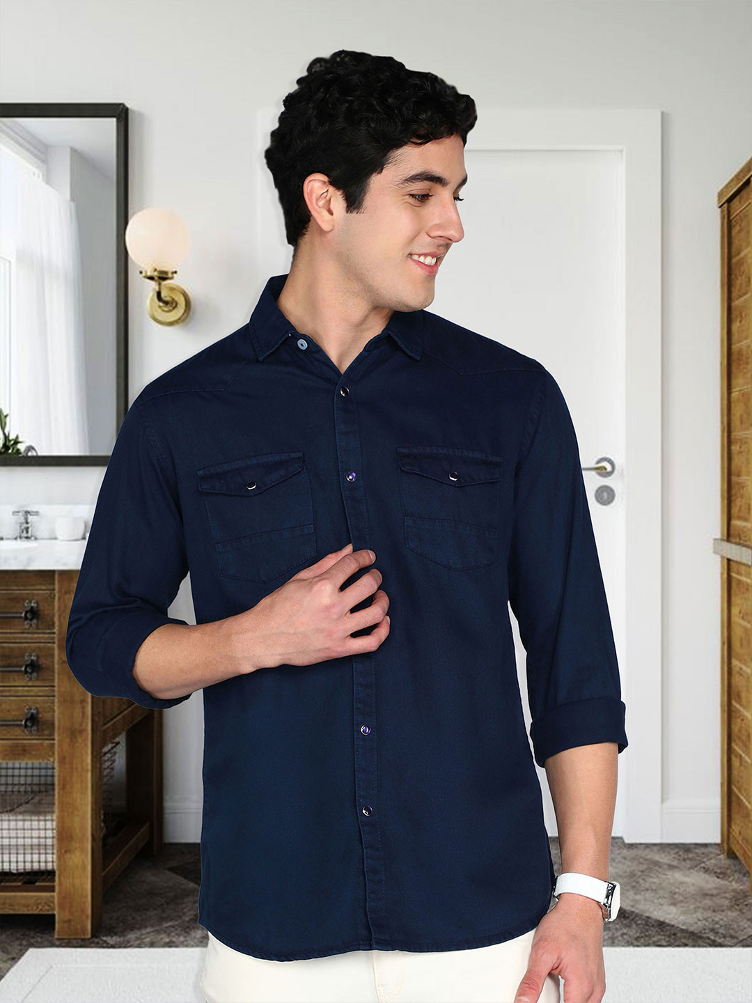 Kuons Avenue Smart Spread Collar Long Sleeves Denim Casual Shirt