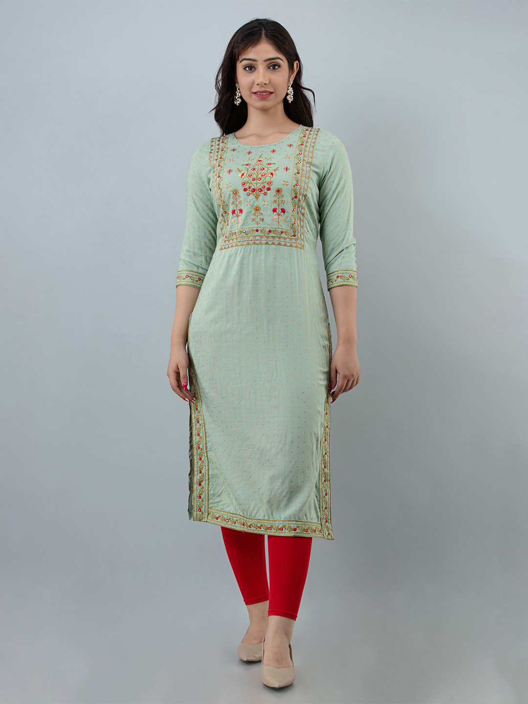 STYLE ANGEL Embroidered & Printed Round Neck Straight Kurta