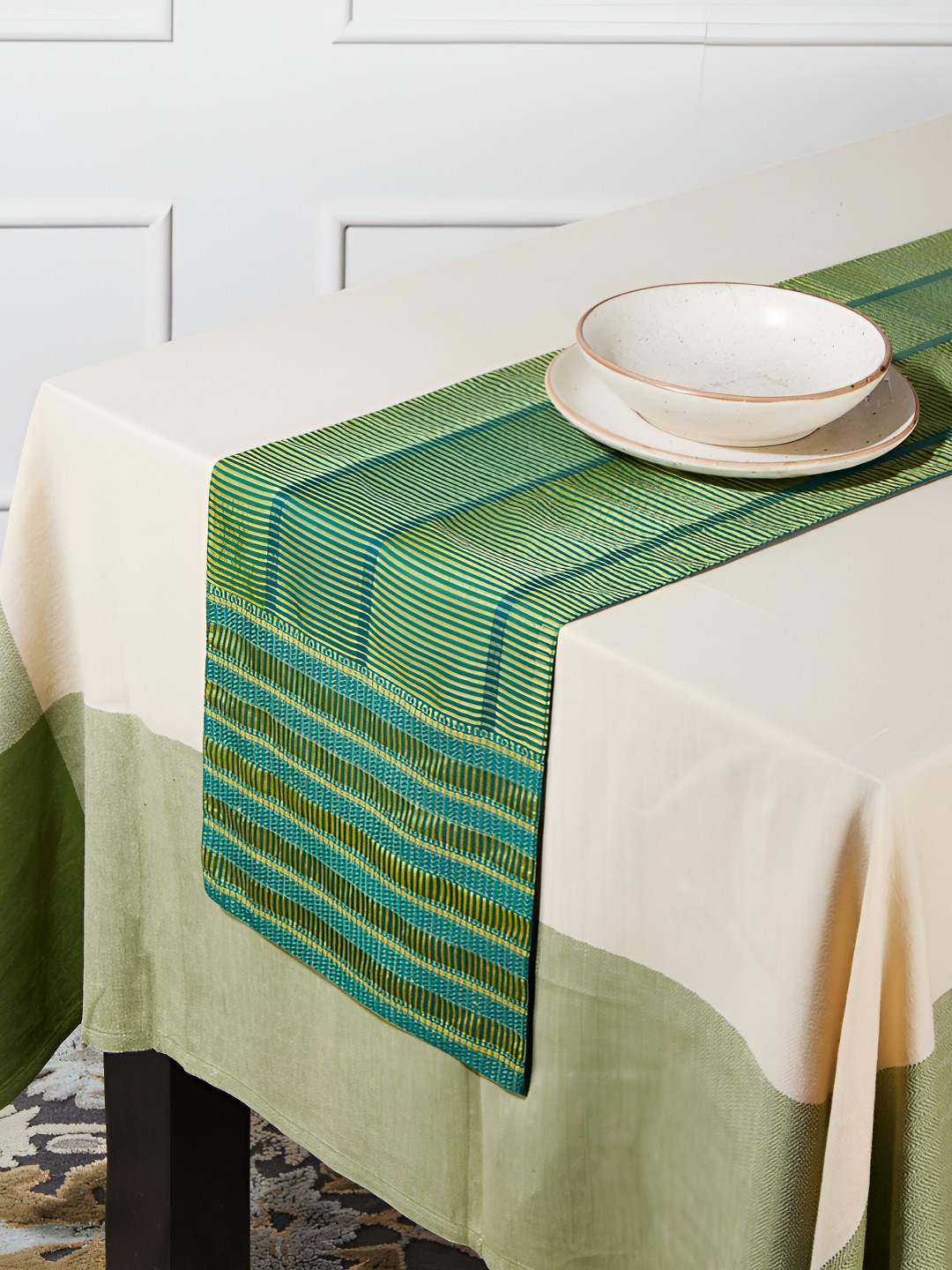 Fabindia Lime Green Geometric Cotton Silk Table Runner