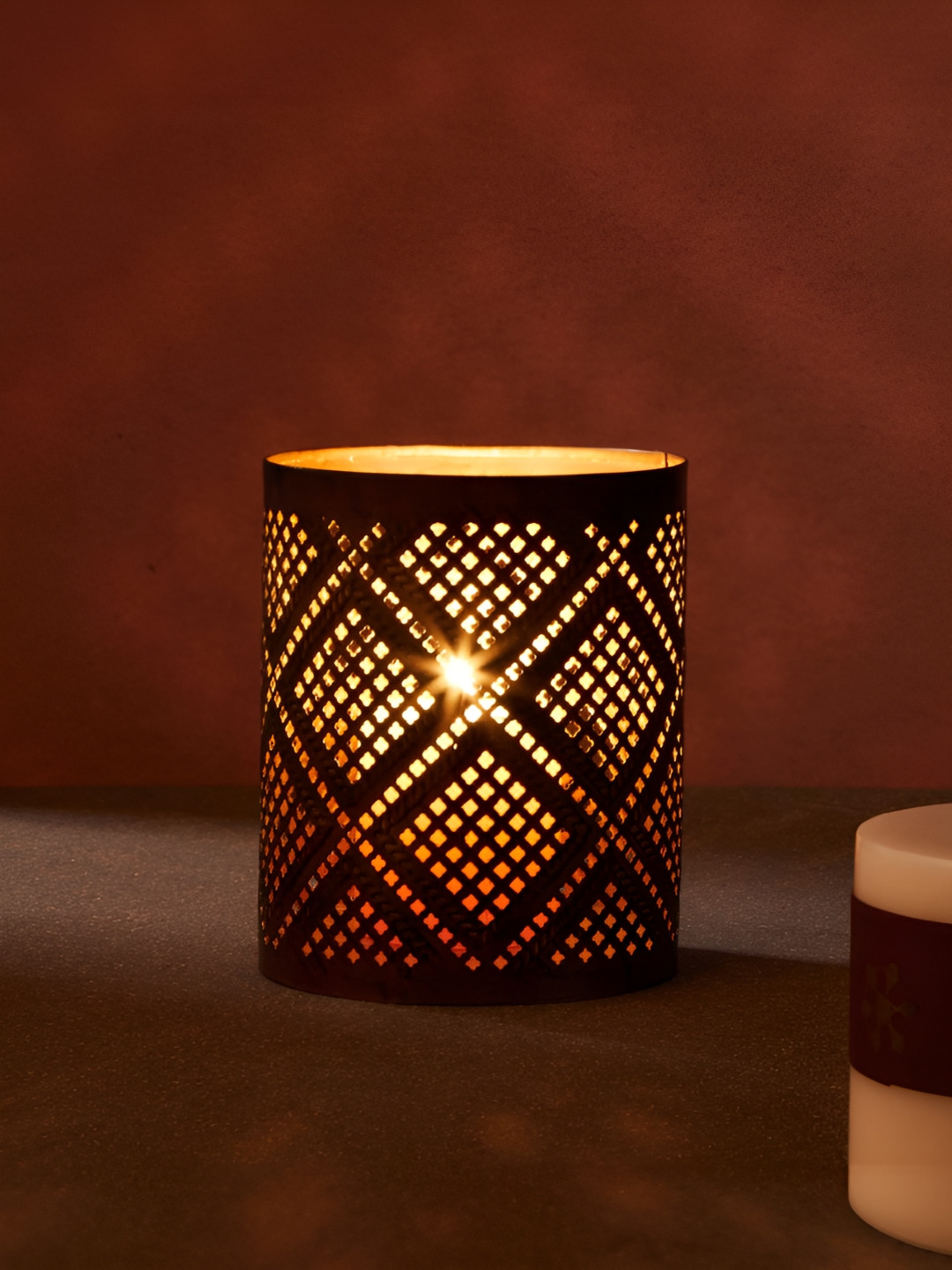 Fabindia Brown Metal Gulmohar Cutwork Diamond Votive Candle Holder