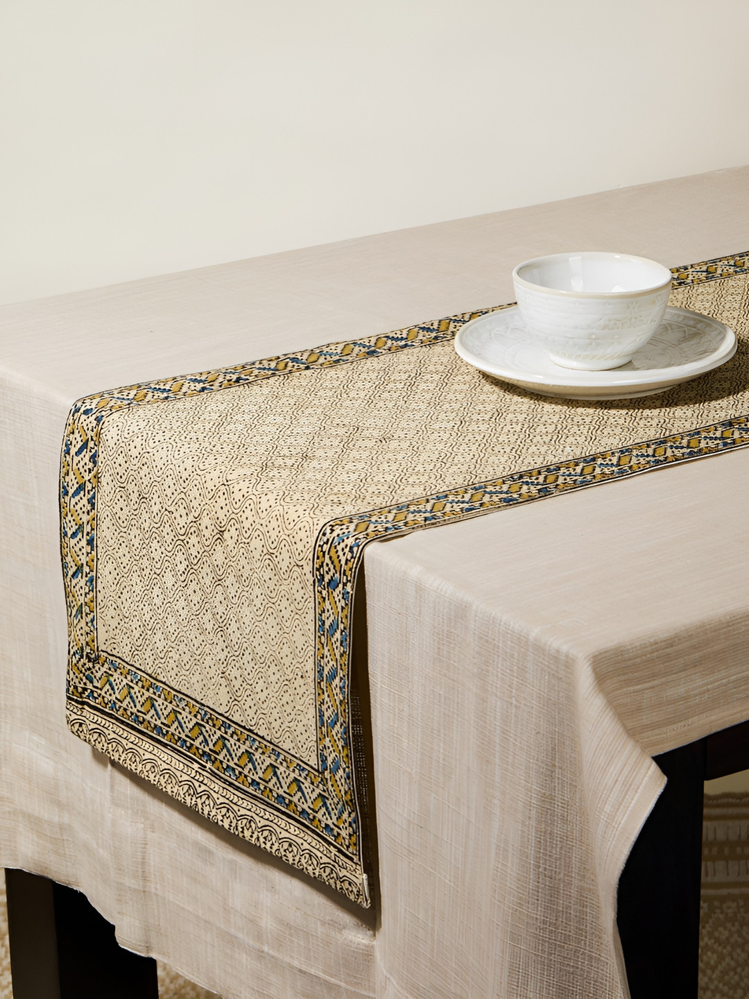 Fabindia Beige & White Pure Cotton Table Runner