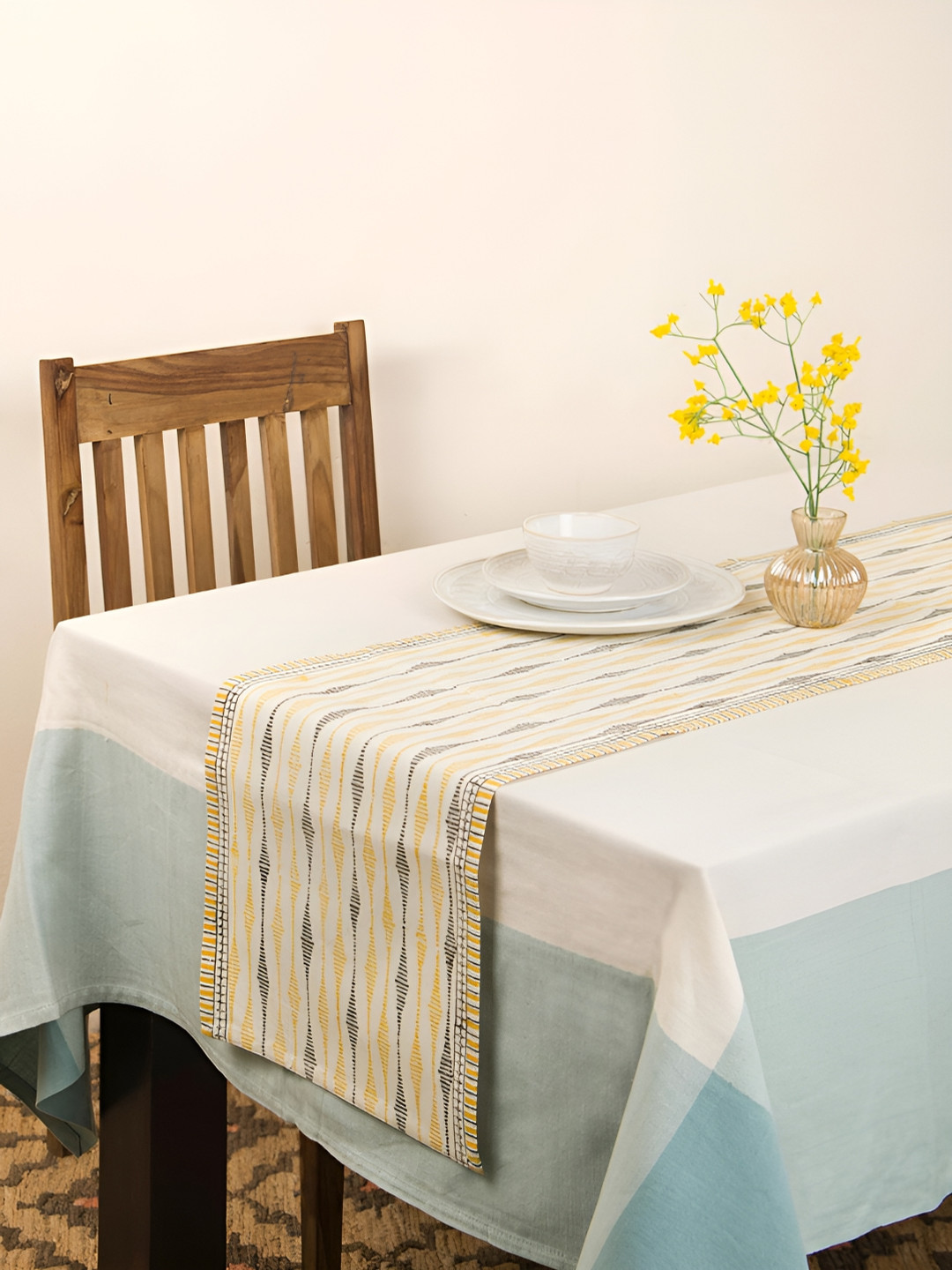 Fabindia Yellow & Black Striped Pure Cotton Table Runner