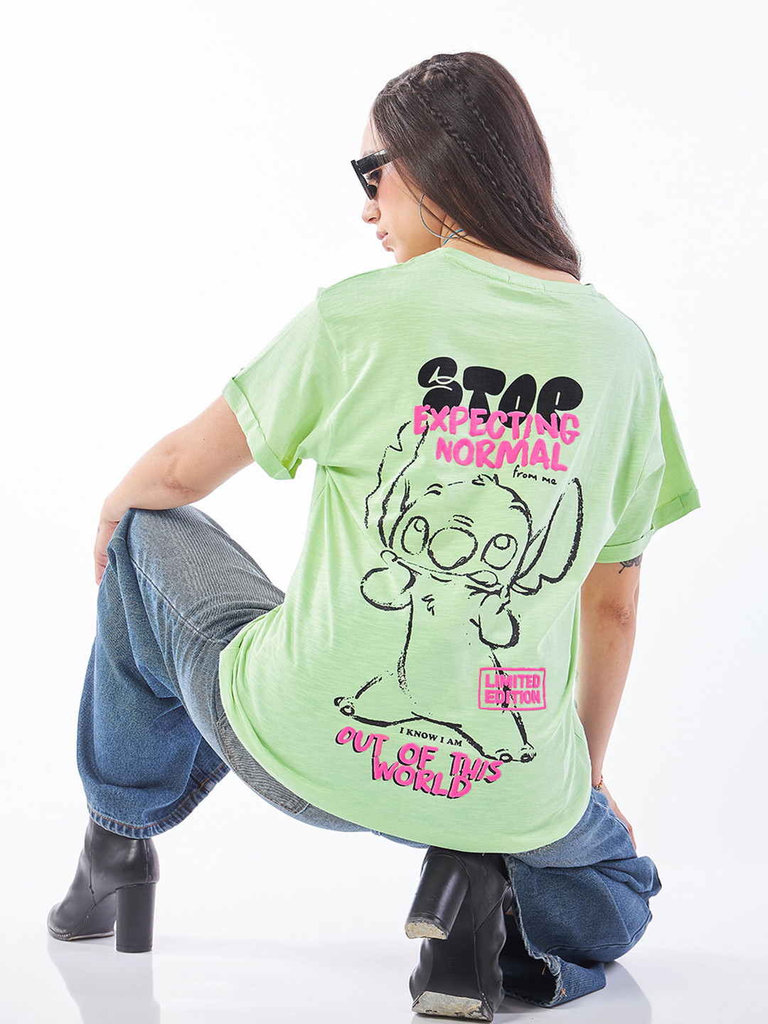 Bewakoof Air 1.0 Women Green Stop Expecting Graphic Printed Boyfriend T-shirt