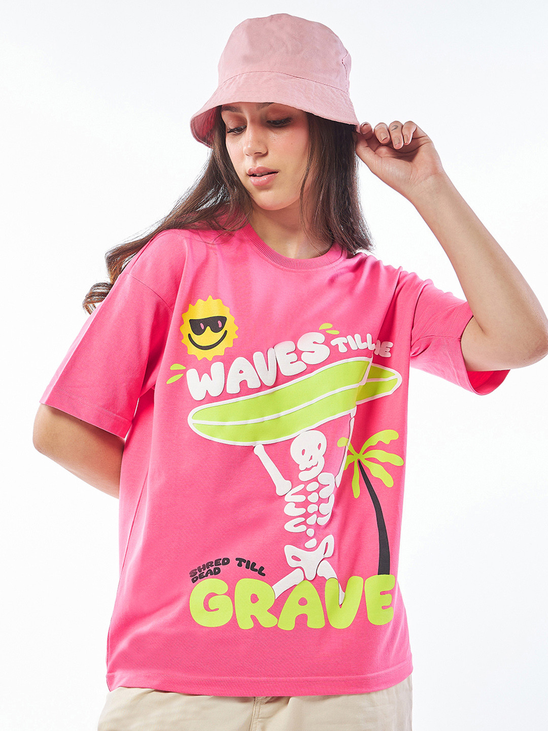 Bewakoof Heavy Duty 1.0 Women Pink Waves Till the Grave Graphic Printed Oversized T-shirt