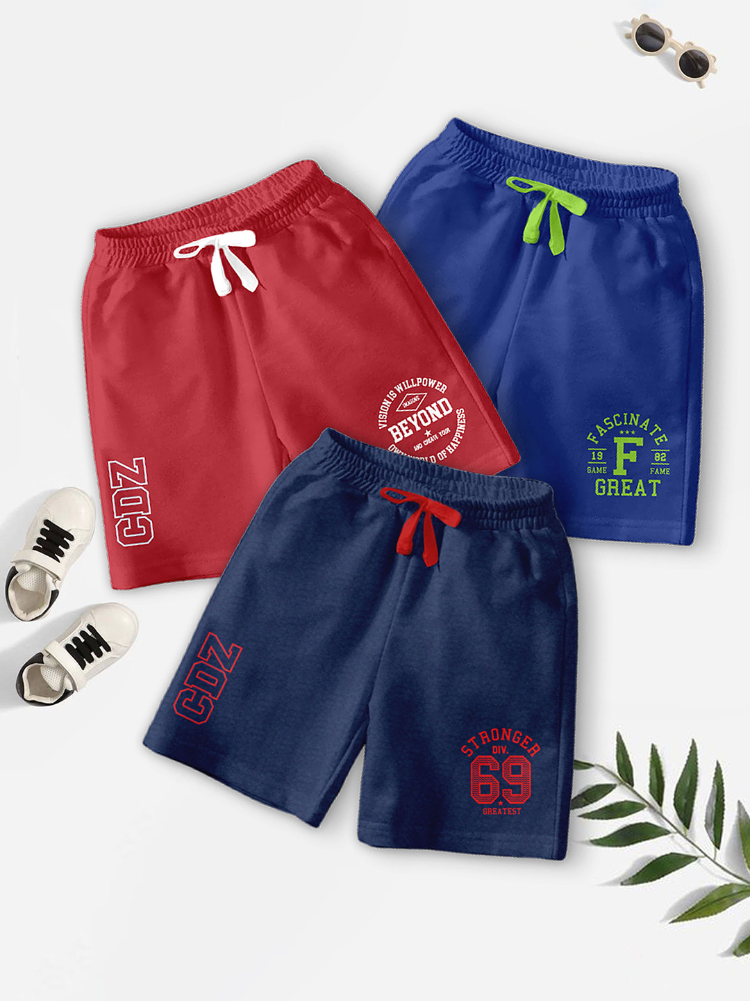 BAESD Boys Pack Of 3 Typography Printed Mid-Rise Casual Outdoor Shorts