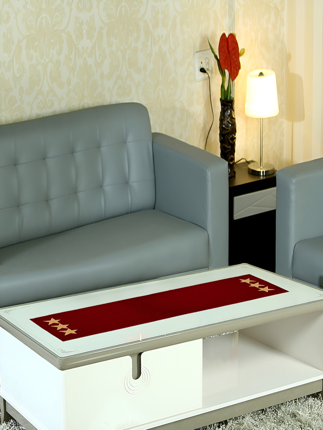 Home Heart Burgundy & Beige Pure Cotton Table Runner