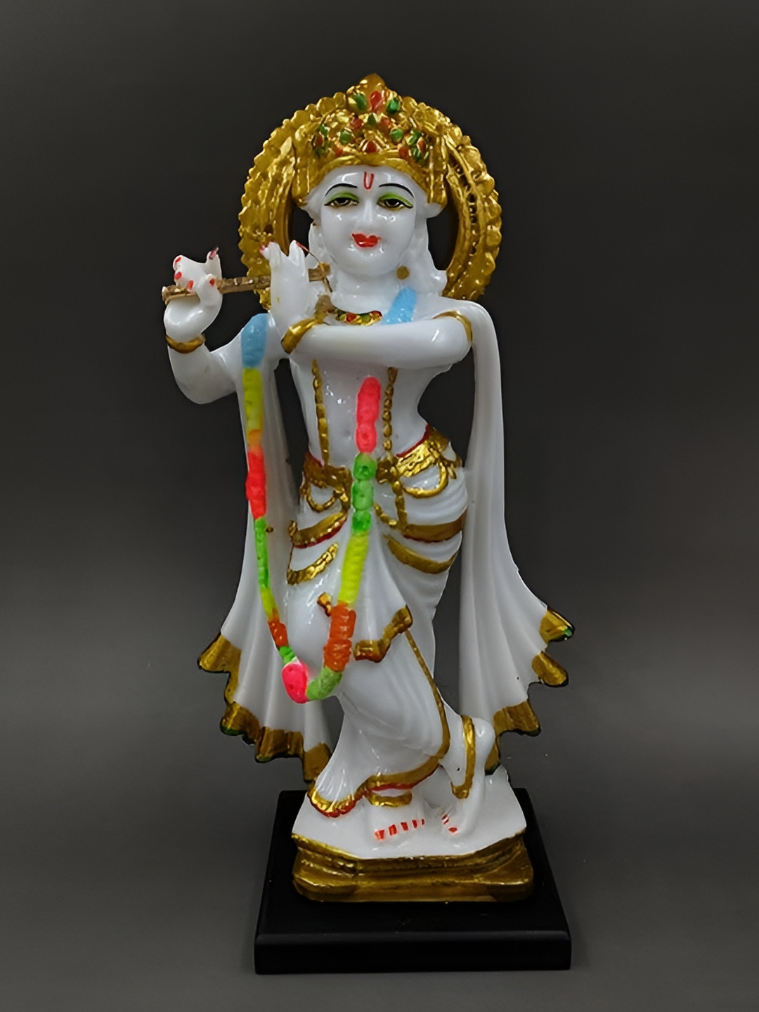 Aura Krishna Playing Flute Standing White Marble Glossy Prayer Room Medium Showpiece - 12 Inches