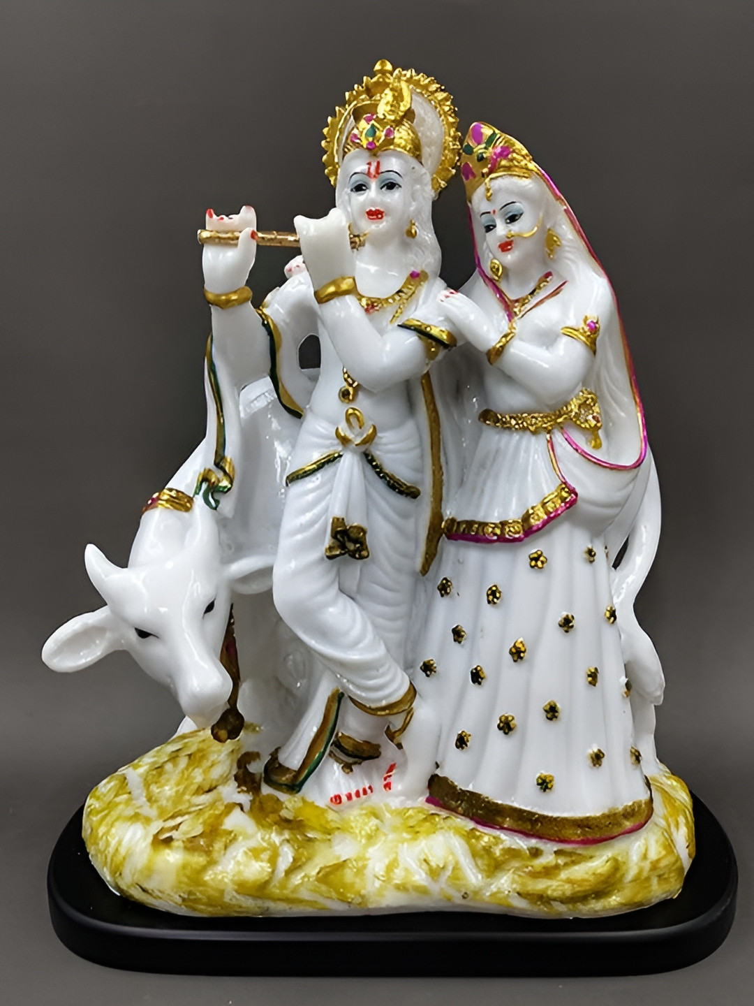 Aura Radhe Krishna with Cow White Marble Natural Prayer Room Medium Showpiece - 11 Inches