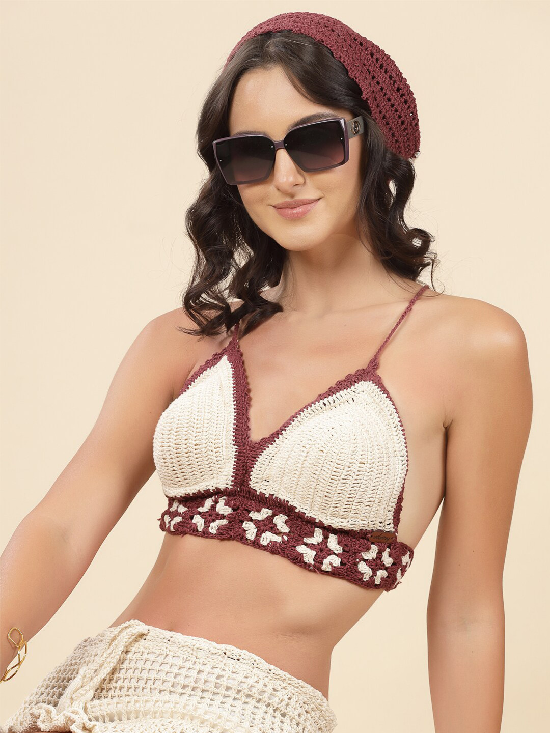 Velvery Self Design Shoulder Straps Tie-Ups Cotton Crochet Bralette Beach Top