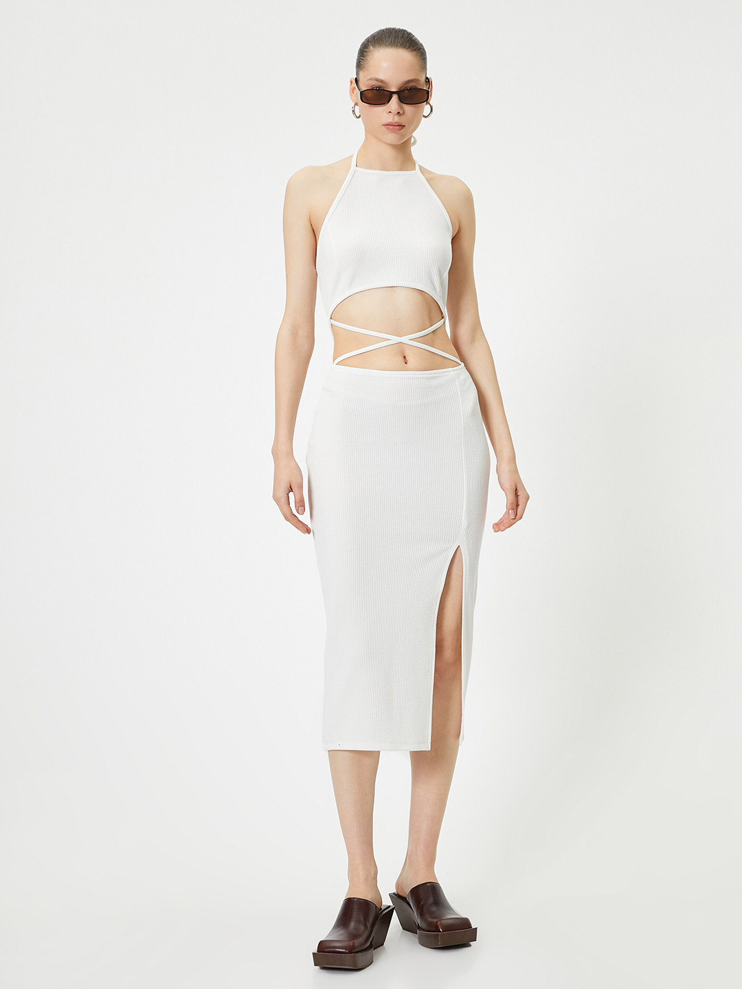 Koton Textured Tie Up Neck Sleeveless Bodycon Midi Dress