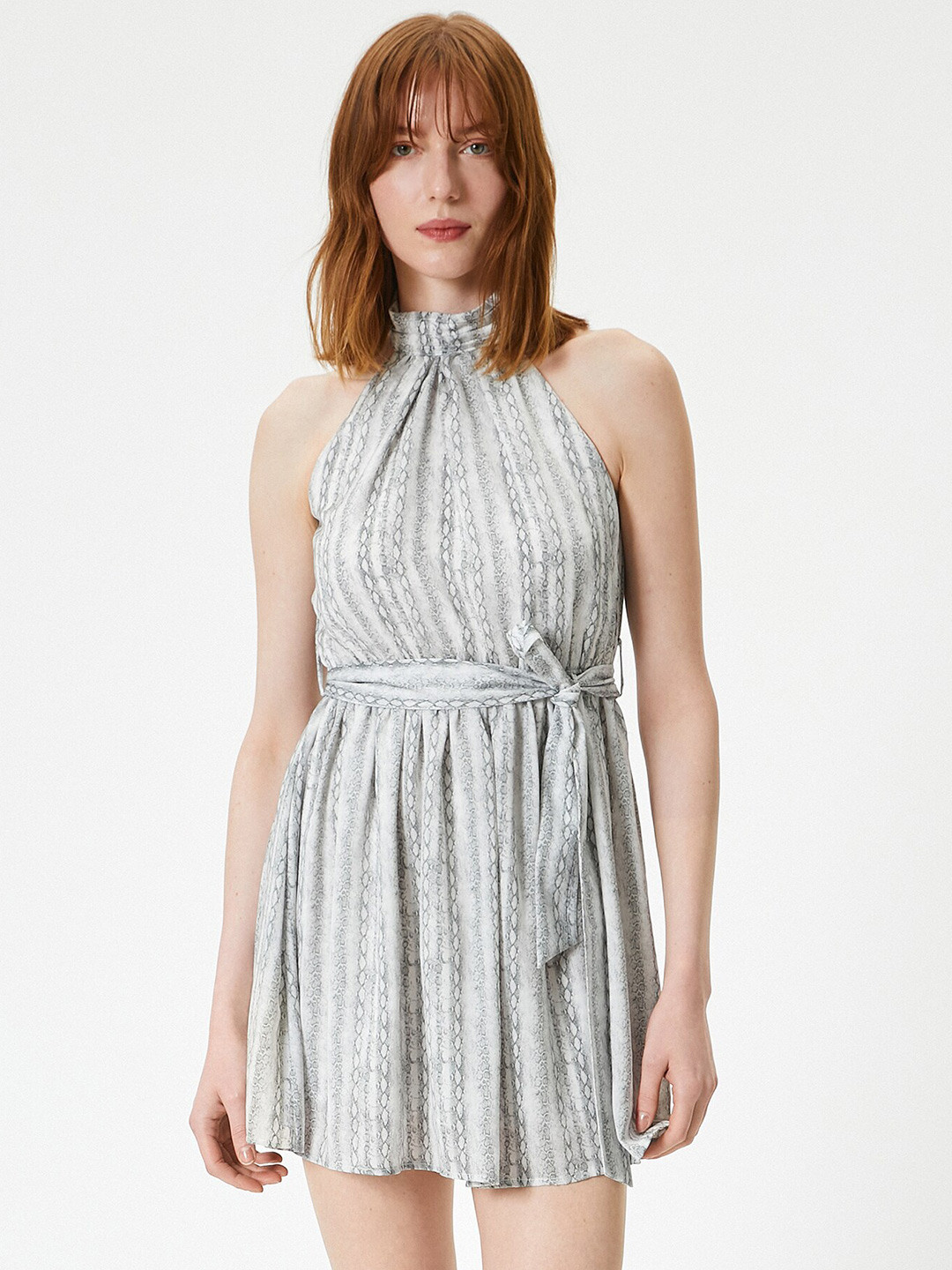 Koton Abstract Print Halter Neck Fit & Flare Mini Dress