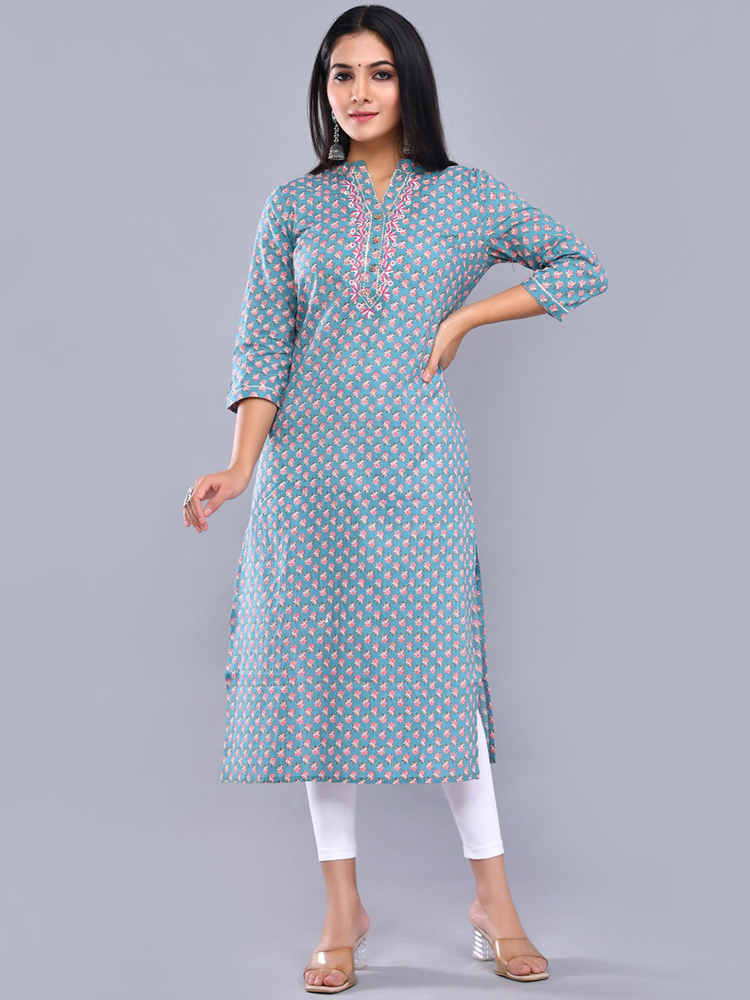 SHOOLIN Floral Printed Mandarin CollarGotta Patti Straight Kurta