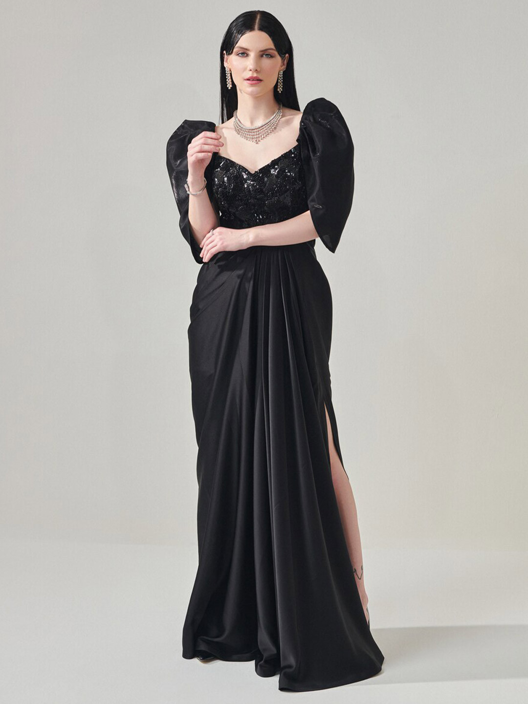 ONE KNOT ONE Sweetheart Neck Puff Sleeves Embellished Georgette Maxi Gown Dress