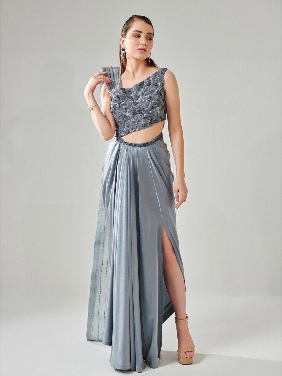 ONE KNOT ONE One Shoulder Embellished Satin Maxi Saree Gown