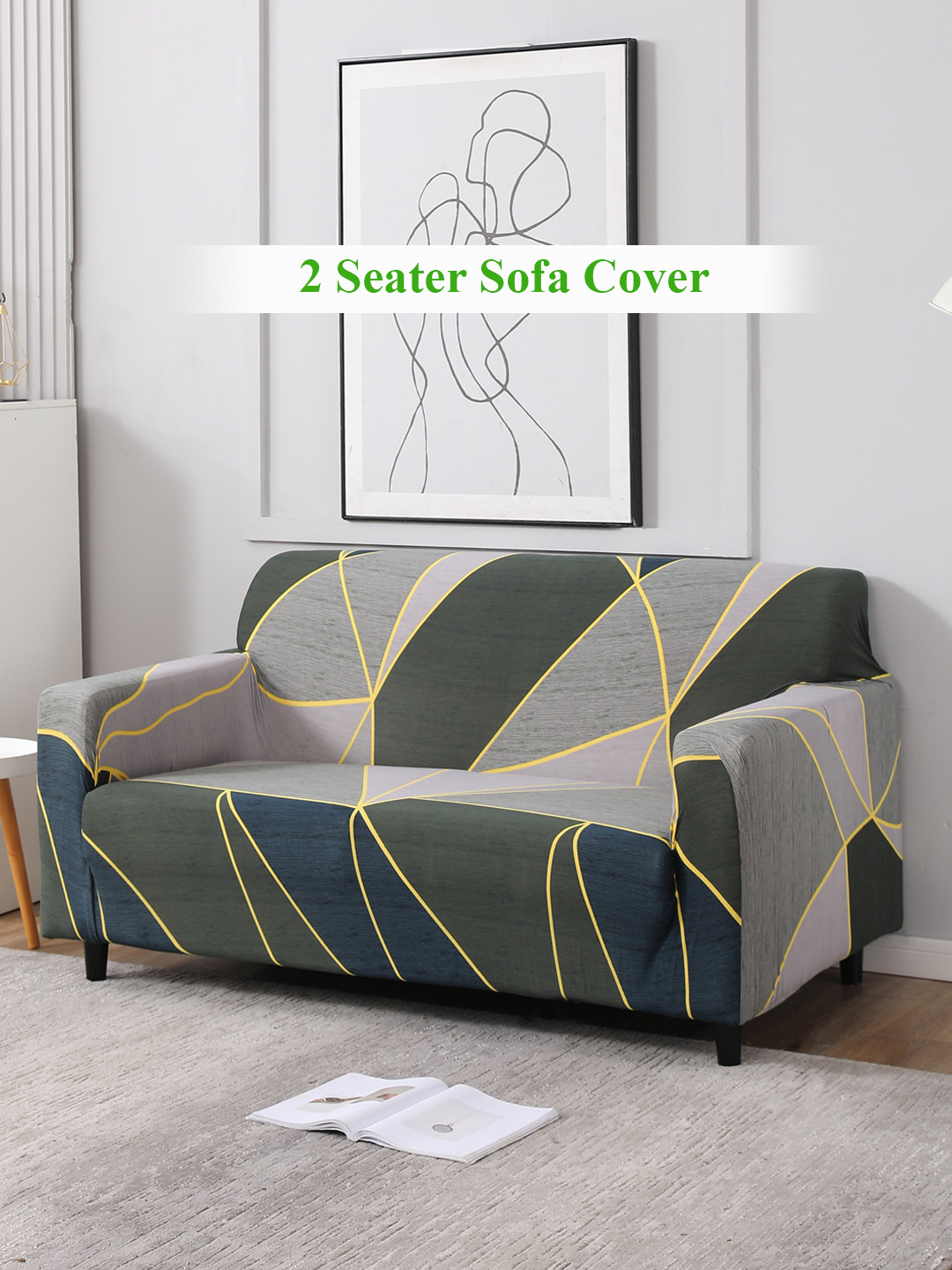 HOKIPO Grey & Blue Abstract Printed 2 Seater Sofa Cover With Arms