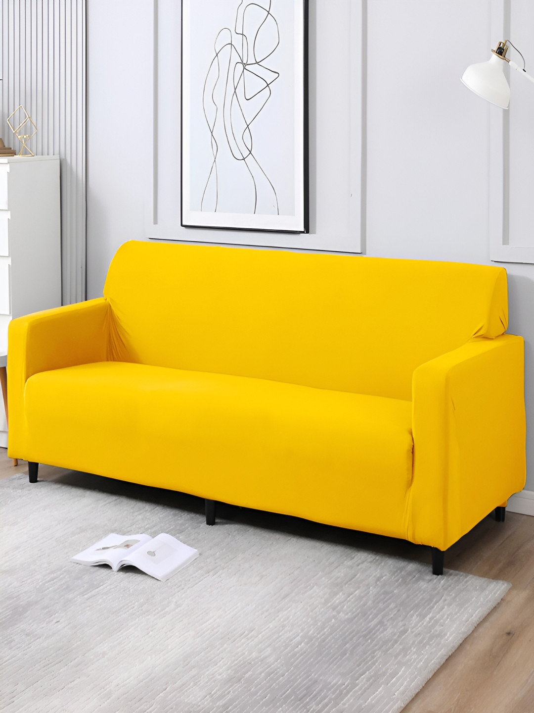 HOKIPO Yellow 4 Seater Sofa Cover With Arms