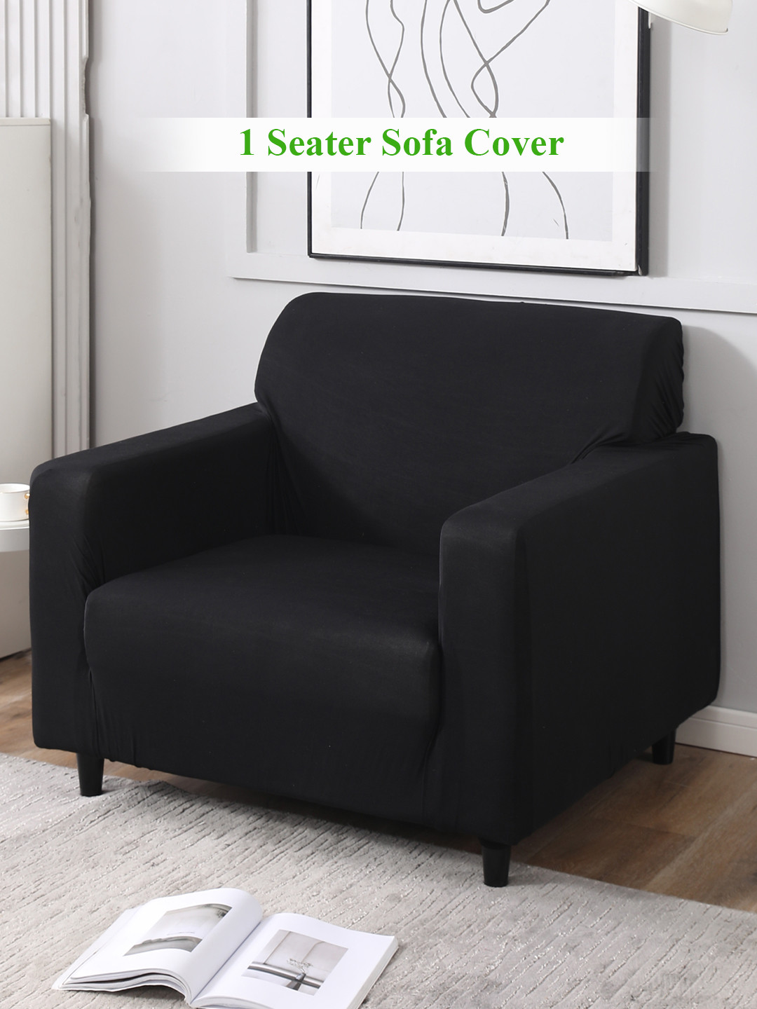 HOKIPO Black Stretchable Polyester 1 Seater Sofa Cover With Arms