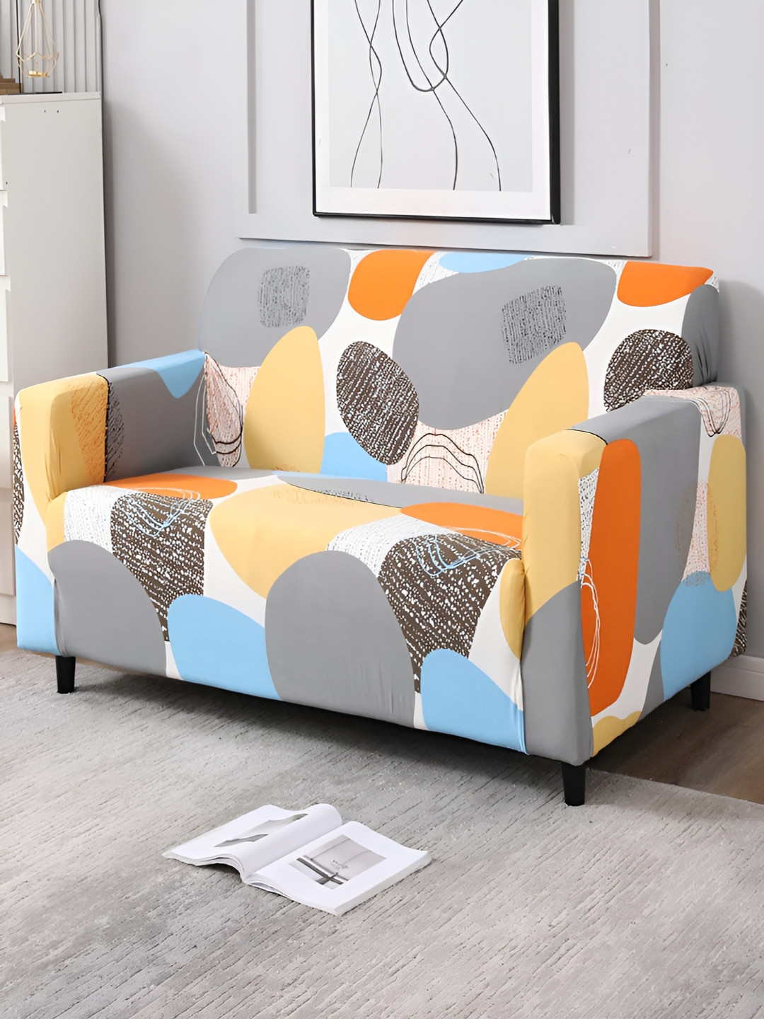 HOKIPO Blue & Orange Printed Elastic Stretchable 2 Seater Sofa Cover With Arms