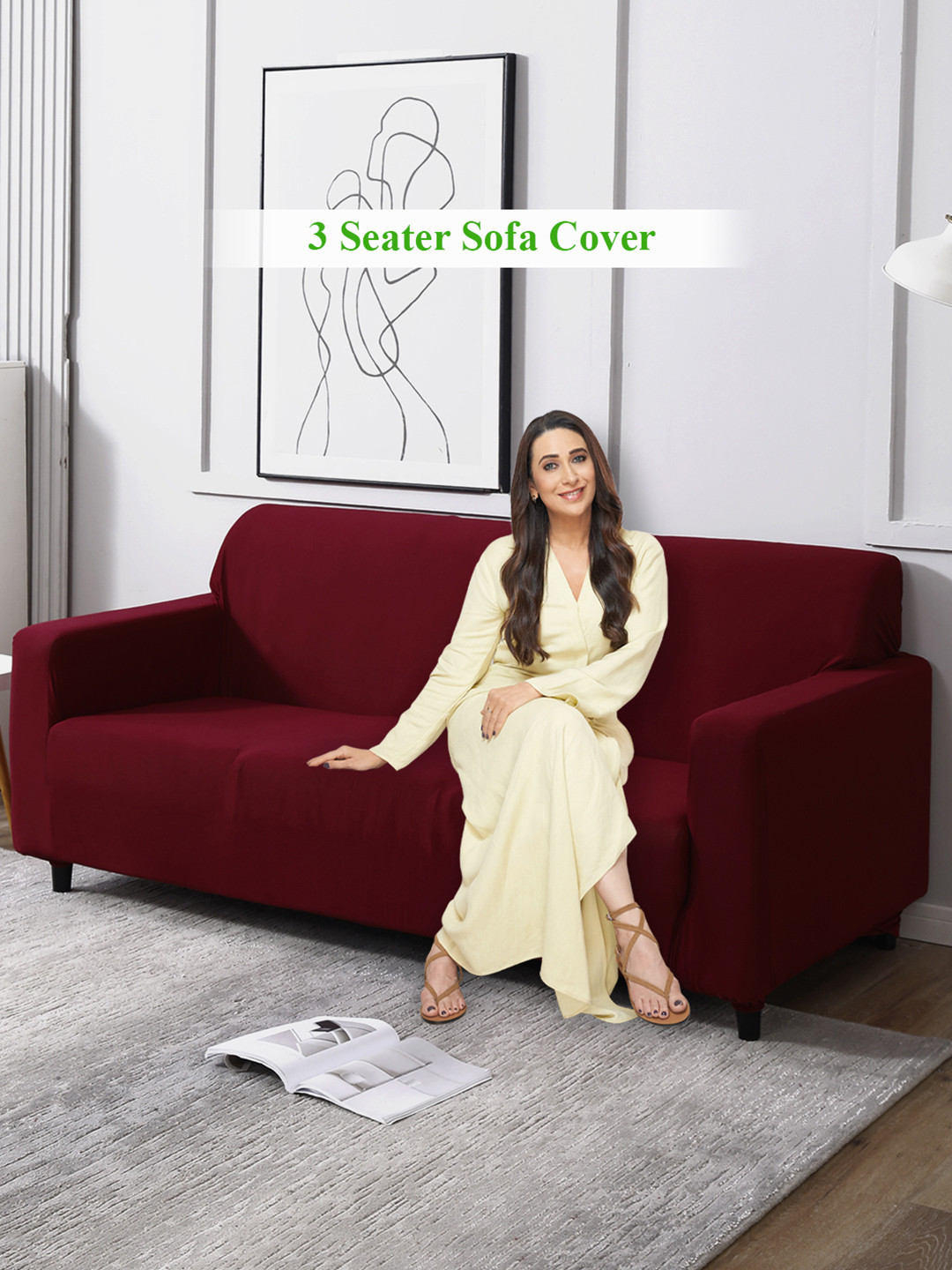 HOKIPO Maroon Elastic Stretchable Triple Seater Sofa Cover with Arms