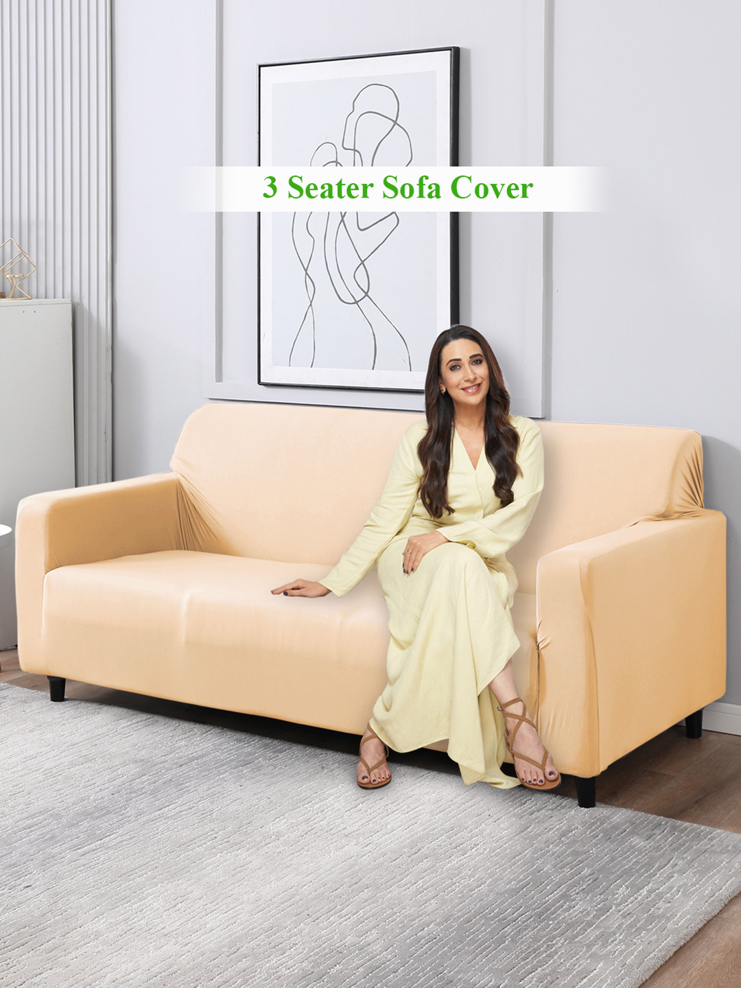 HOKIPO Beige 3 Seater Sofa Cover With Arms