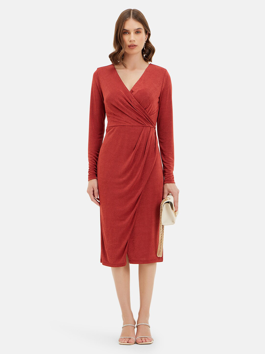 Kazo V-Neck Ruched Satin Wrap Midi Dress