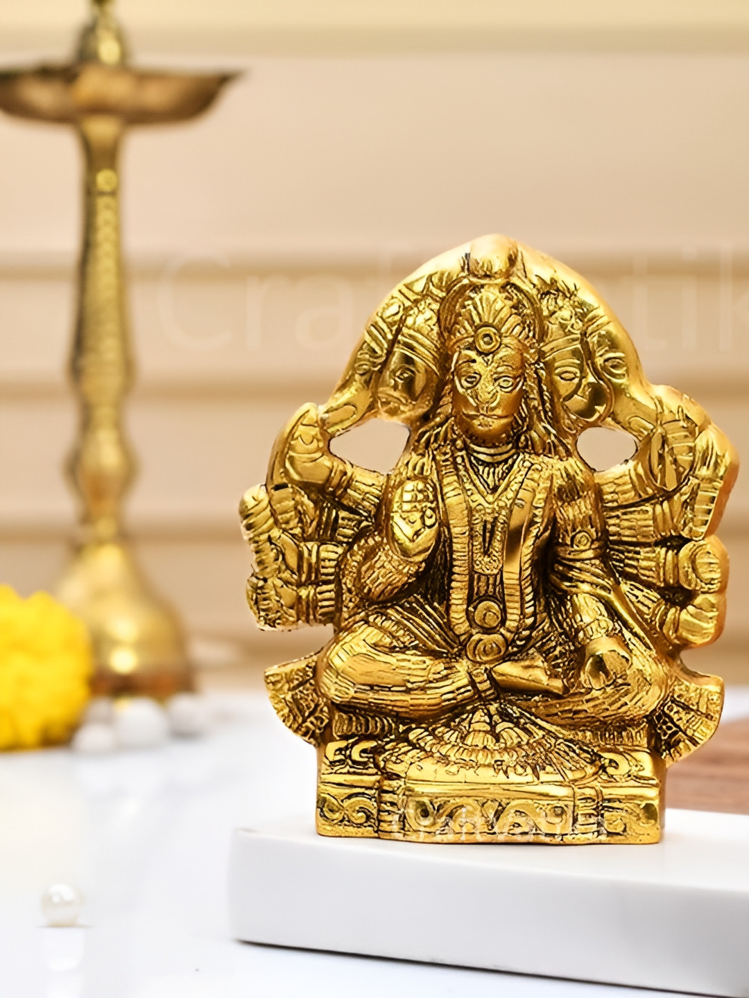 Aura Panchmukhi Hanuman Gold Metal Metallic Prayer Room Medium Showpiece - 5.5 Inches
