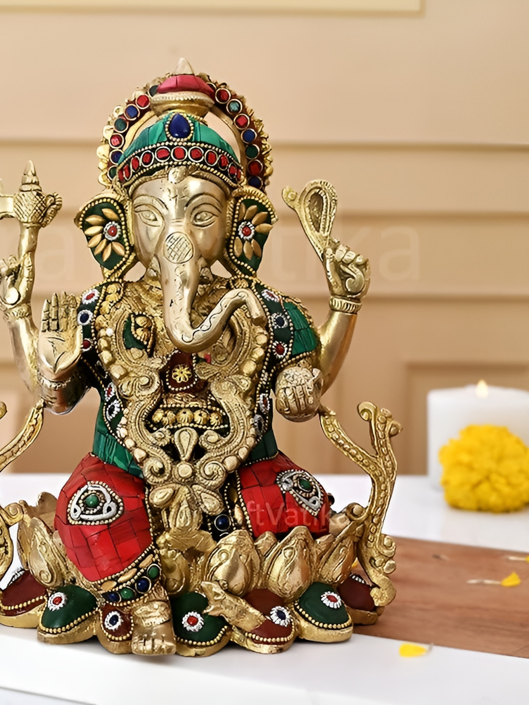 Aura Ganesha Gold Brass Metallic Prayer Room Hand-Crafted Medium Showpiece - 7.5 Inches