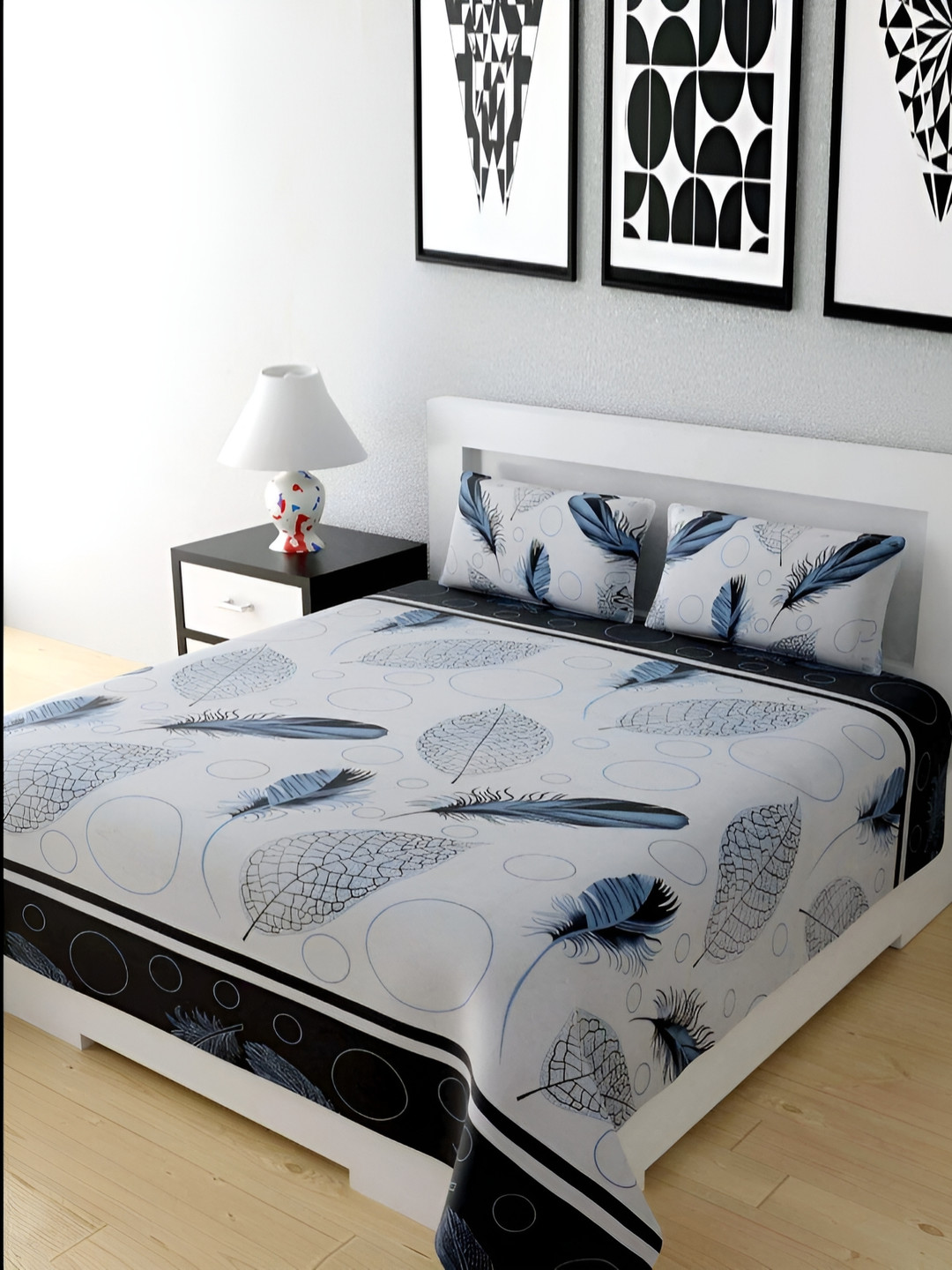 Supreme Home Collective Black Leaf Microfiber 144 TC Queen Bedsheet with 2 Pillow Covers-89 x 89 inches