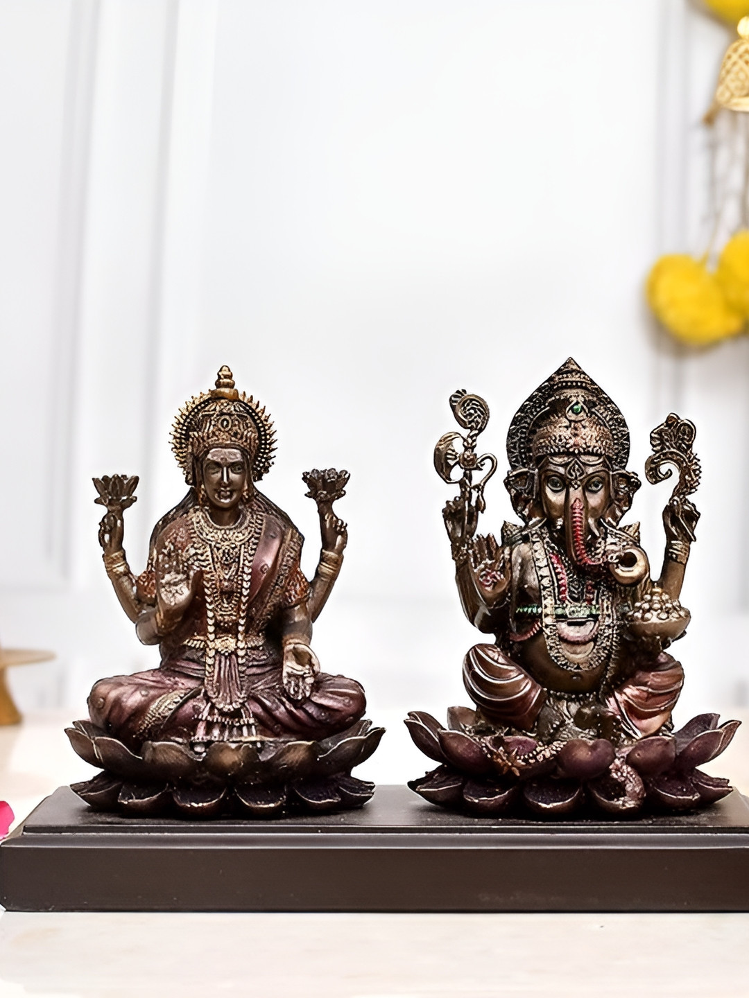 Aura Laxmi Ganesh Copper Polyresin Natural Prayer Room Small Showpiece - 4.8 Inches