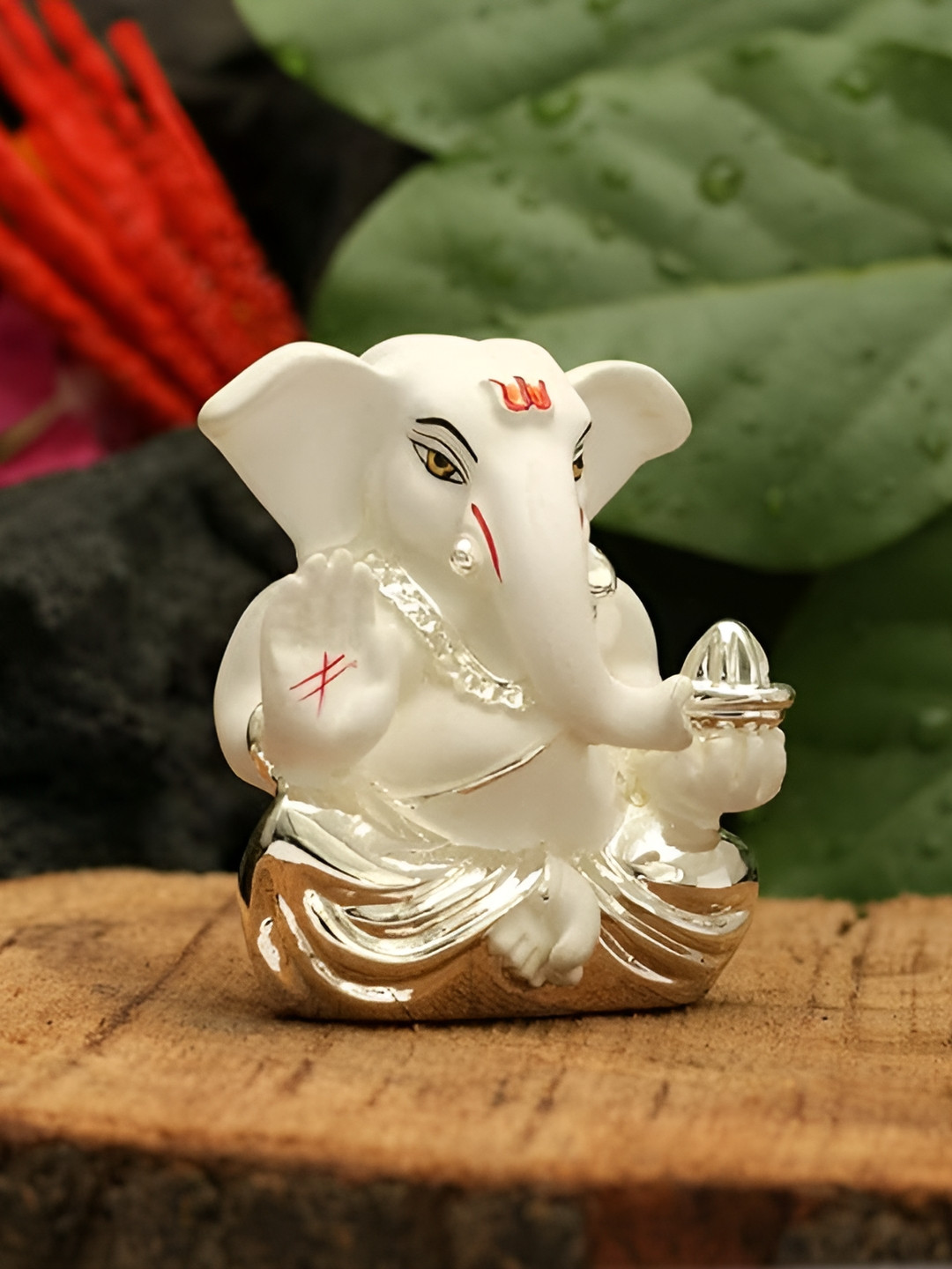 Aura Ganesha White Ceramic Glossy Prayer Room Tiny Showpiece - 2.4 Inches