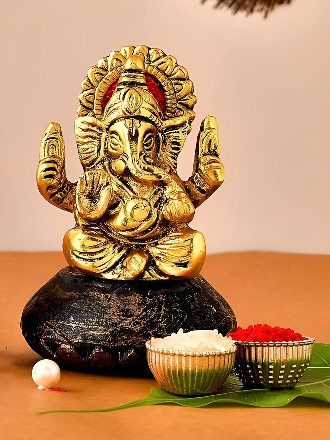 Aura Ganesha Gold Metal Metallic Prayer Room Medium Showpiece - 1.4 Inches