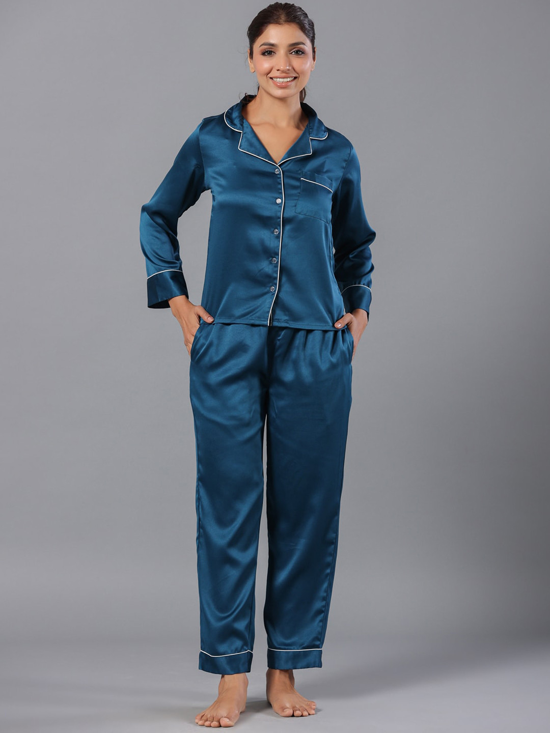 ETC  Teal Lapel Collar Long Sleeves Night suit