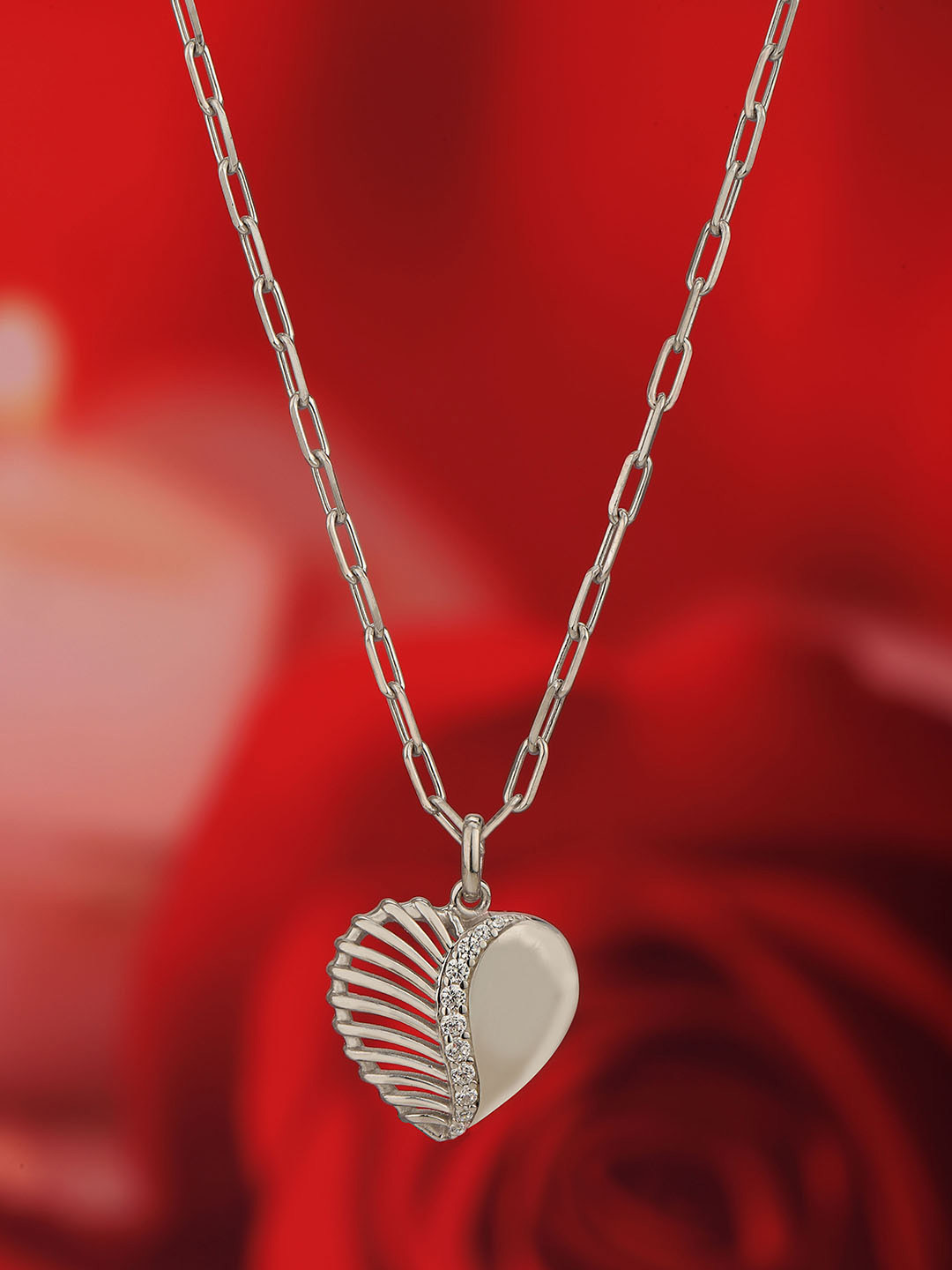 VANBELLE 925 Sterling Silver Rhodium Plated with CZ Heart Pendant with Chain