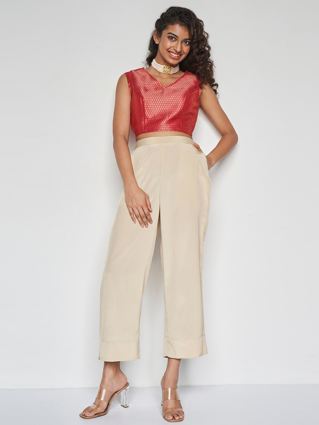 Global Desi Self Design V-Neck Sleeveless Top