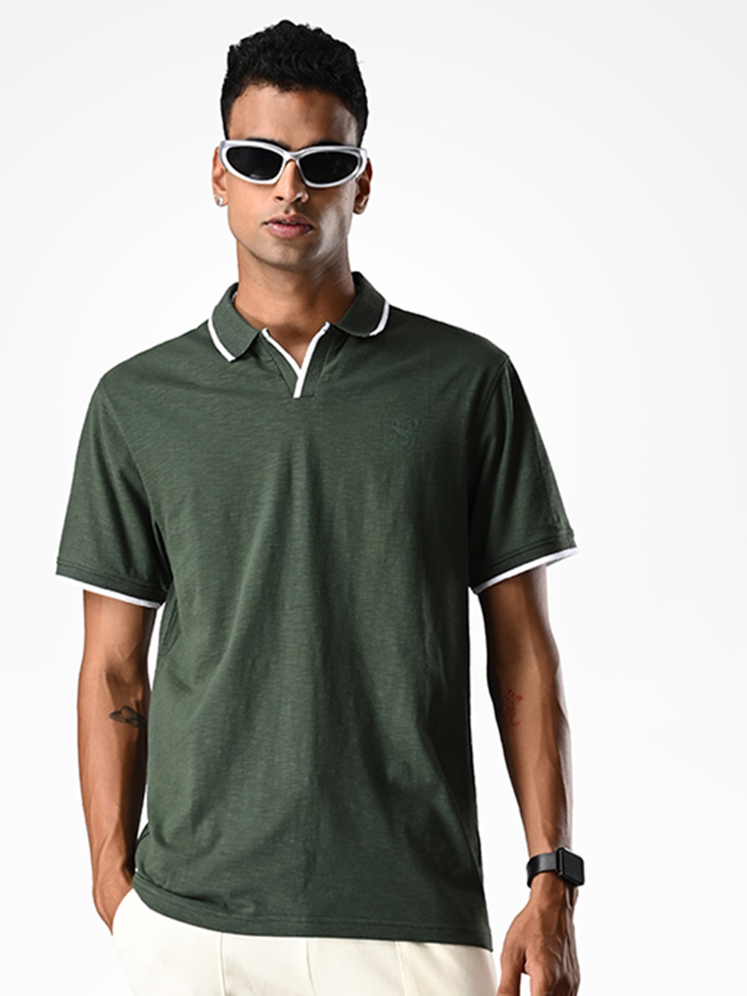 Supa Men Forest Green Cuban Polo Collar Solid Tshirt