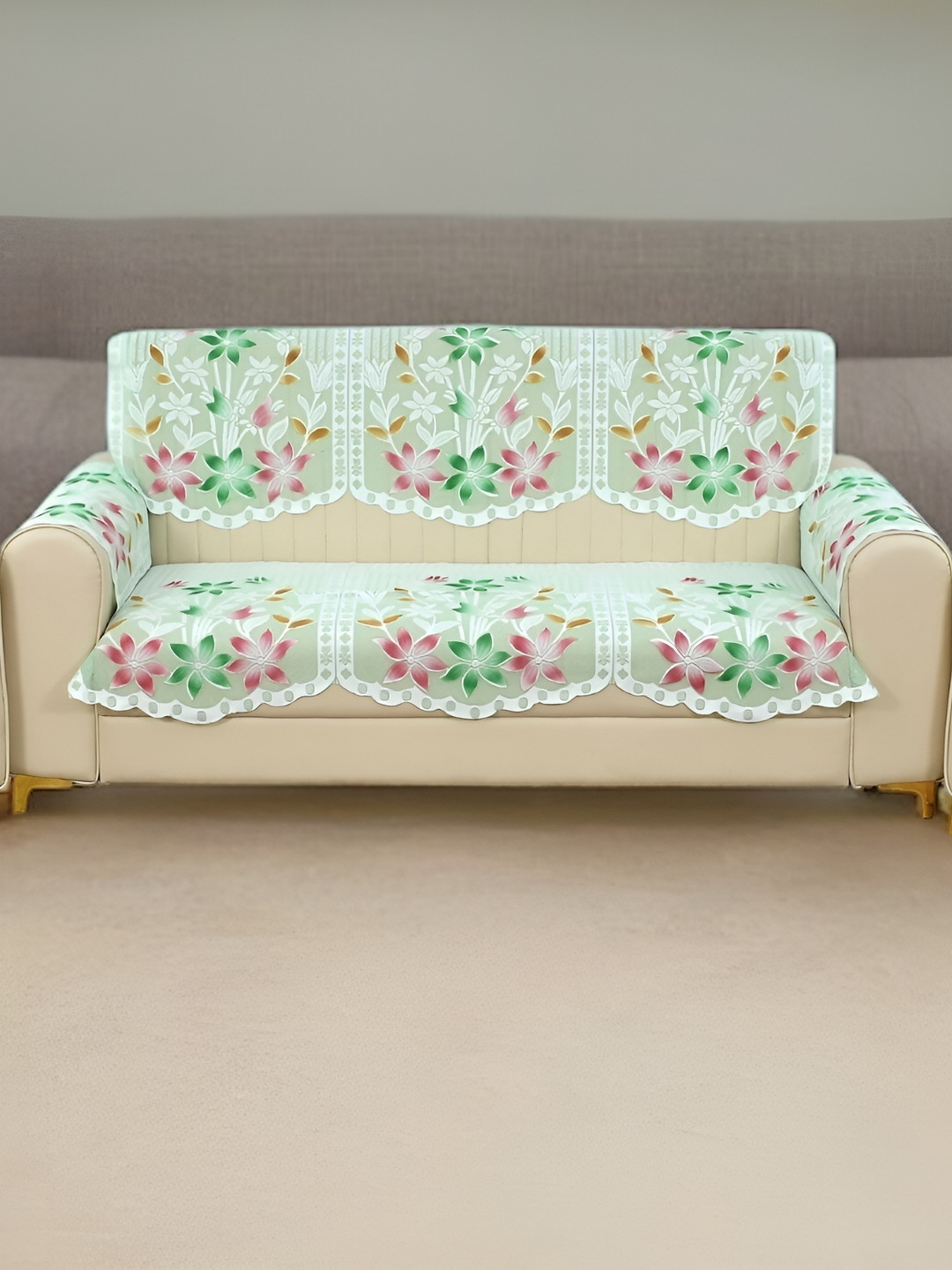 BIGGER FISH Green 2 Pieces Floral Printed Cotton 3 Seater Sofa Covers With Arms