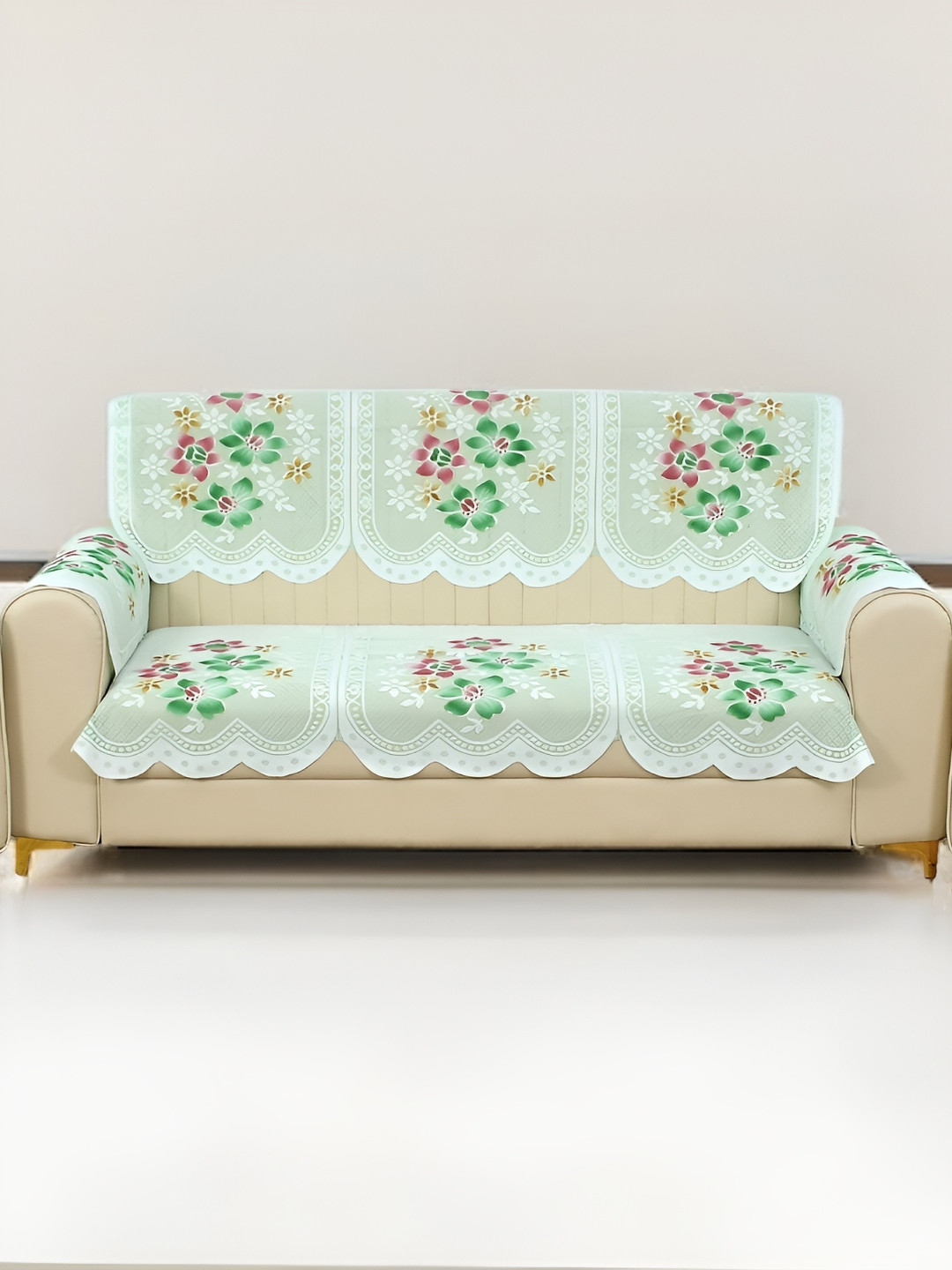 BIGGER FISH Green 4 Pieces Floral Printed 3 Seater Cotton Sofa Cover With Arms